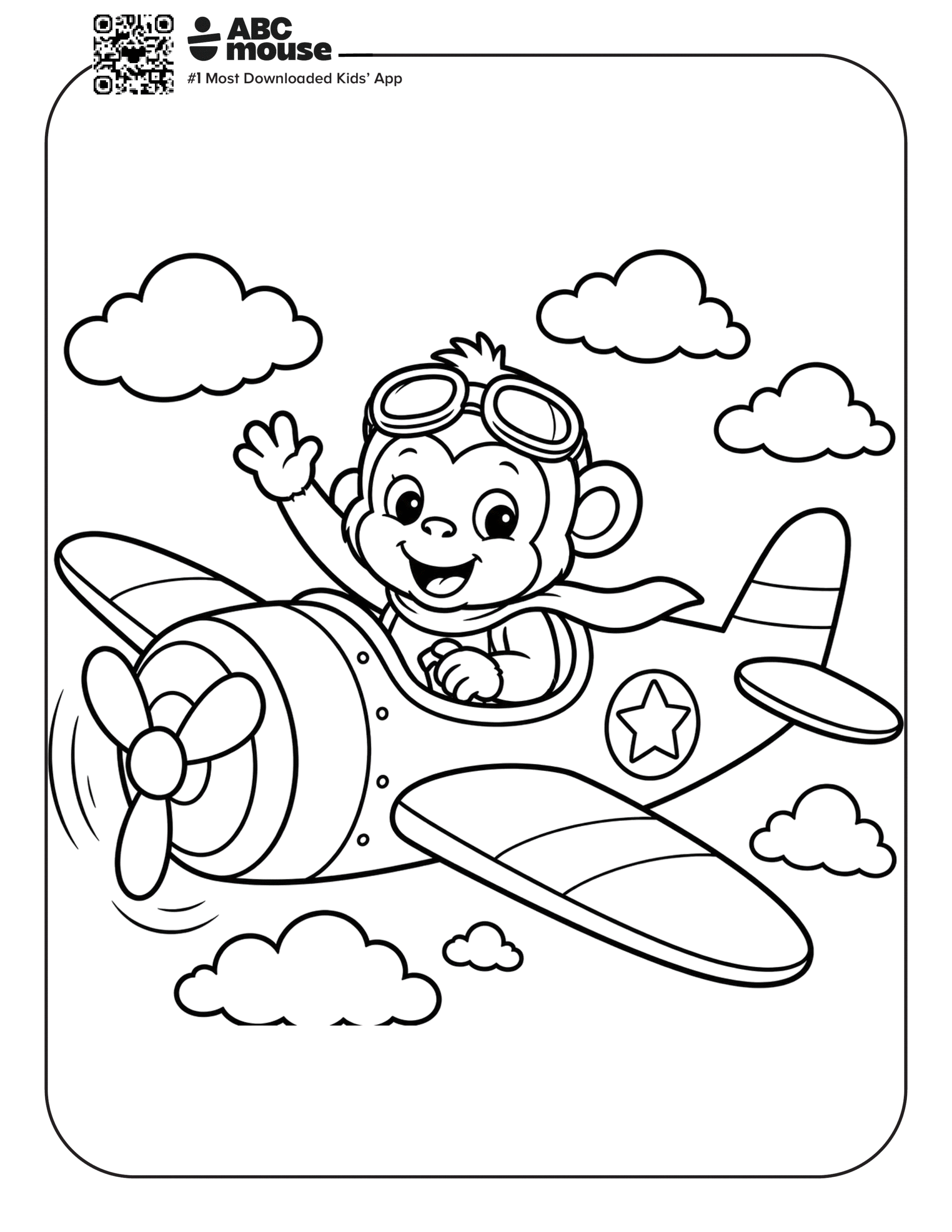 Free printable airplane coloring page for kids from ABCmouse.com. Happy monkey waving while flying a propeller airplane through fluffy clouds in a fun coloring page.