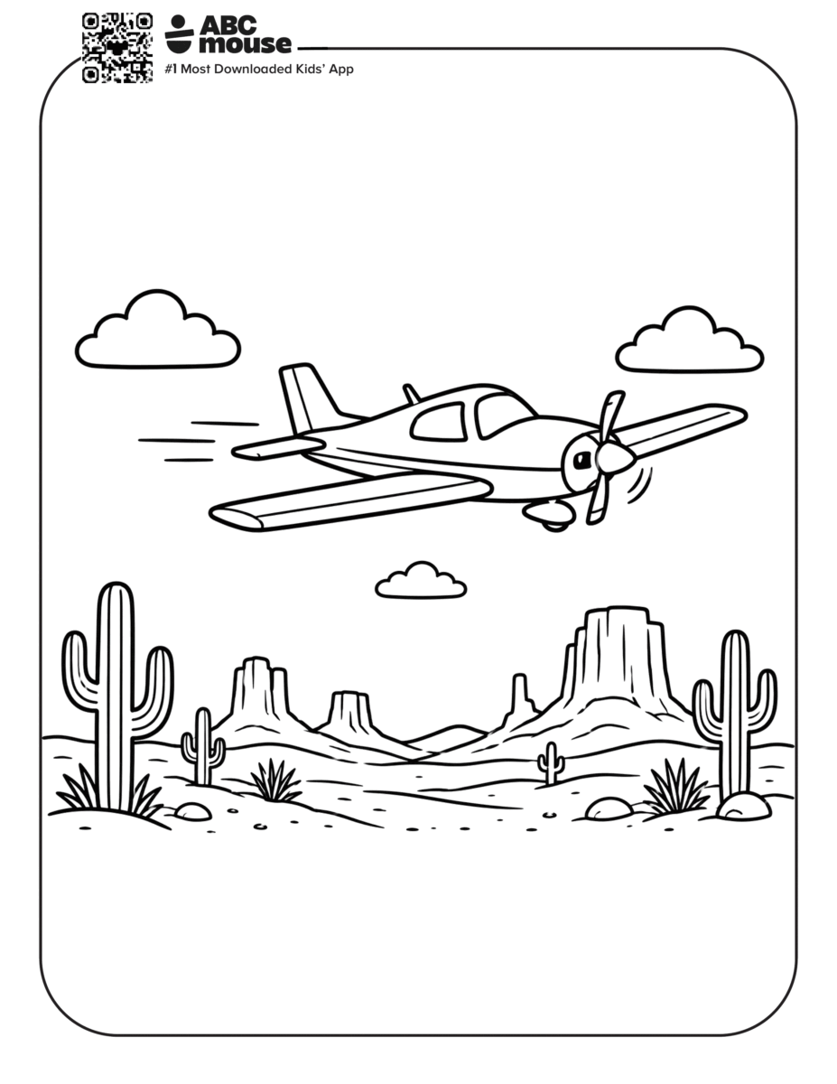 Free printable airplane coloring page for kids from ABCmouse.com. Small propeller airplane flying over a desert landscape with cacti and towering rock formations.