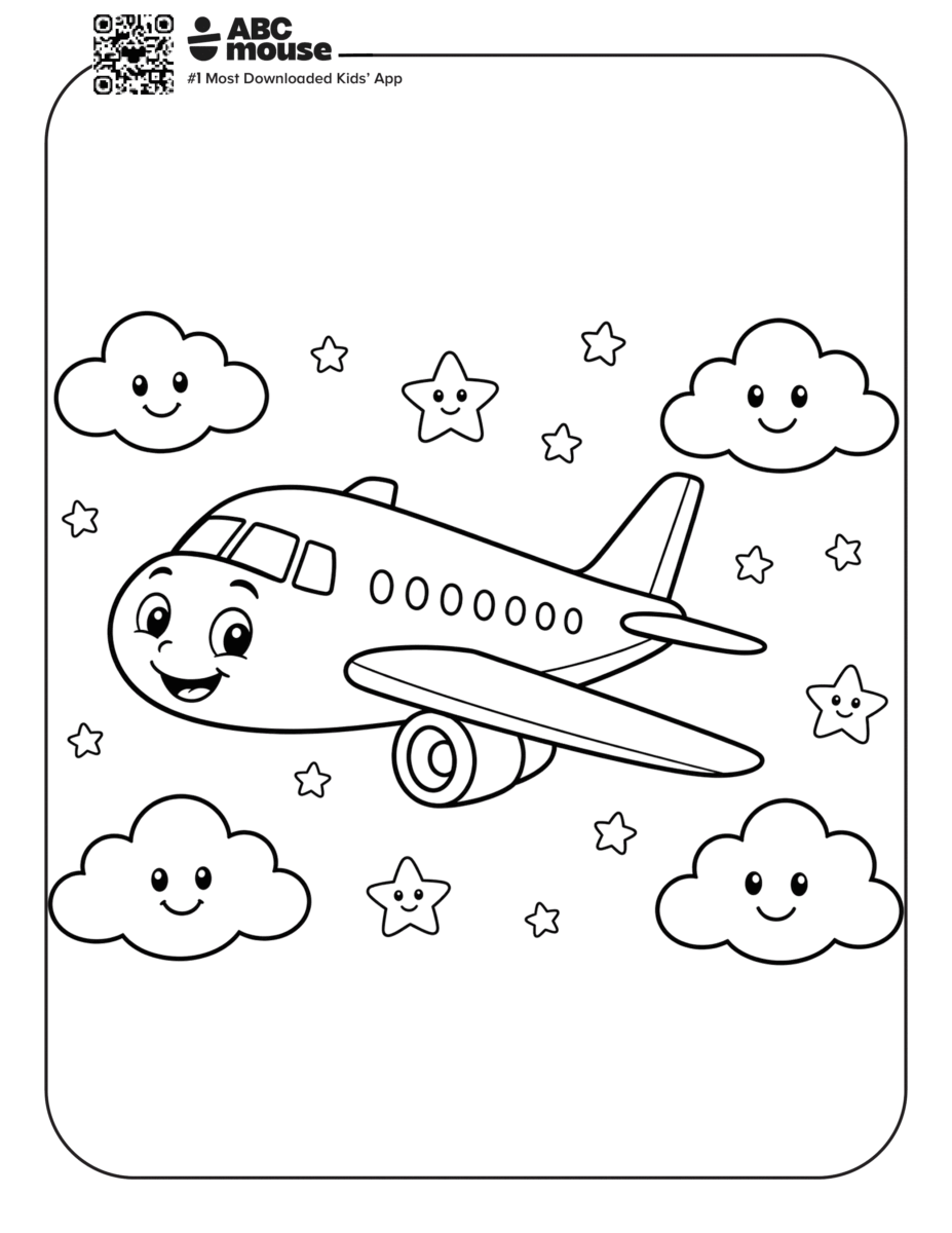 Free printable airplane coloring page for kids from ABCmouse.com. Smiling cartoon airplane surrounded by happy clouds and stars in a cheerful sky scene.