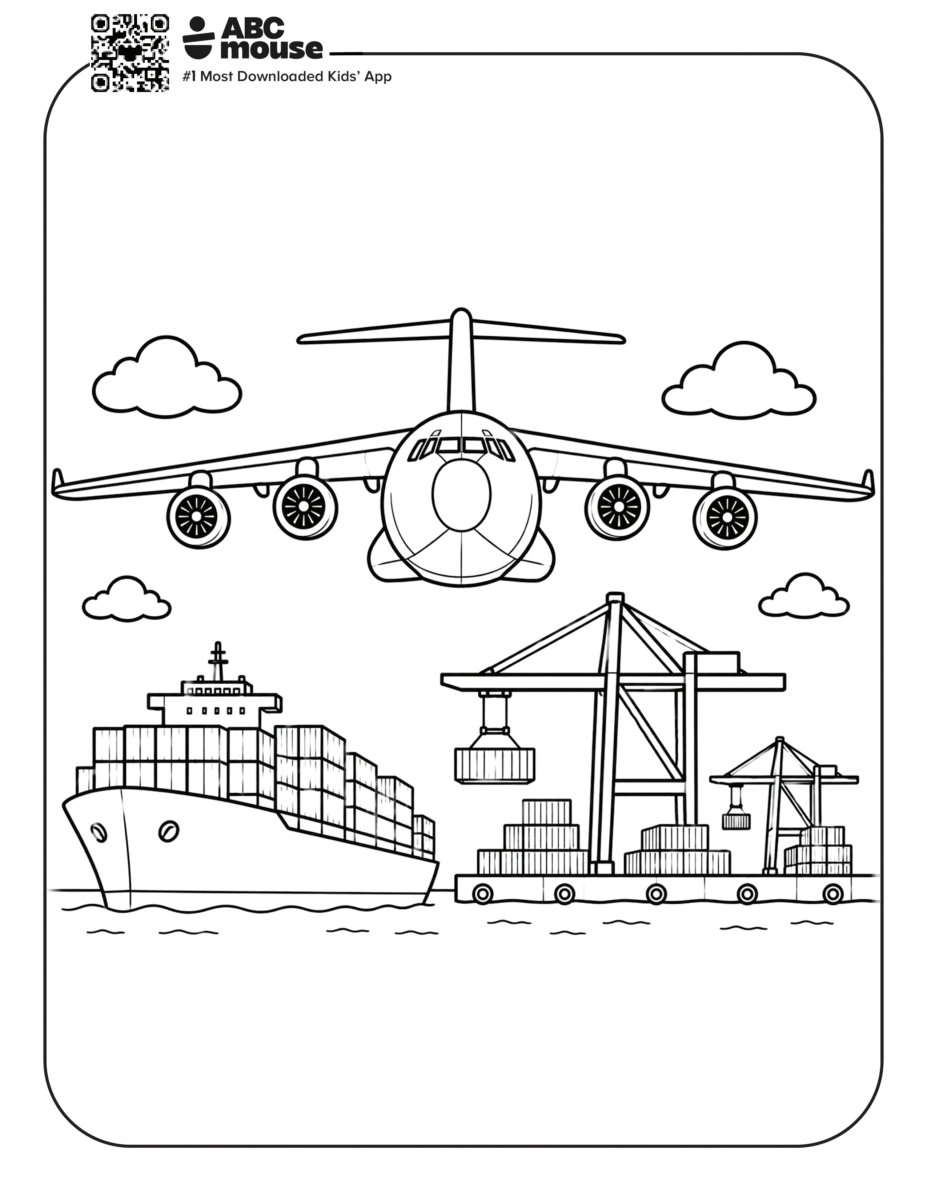 Free printable airplane coloring page for kids from ABCmouse.com. Large cargo airplane flying above a cargo ship and shipping port with cranes along the waterfront.