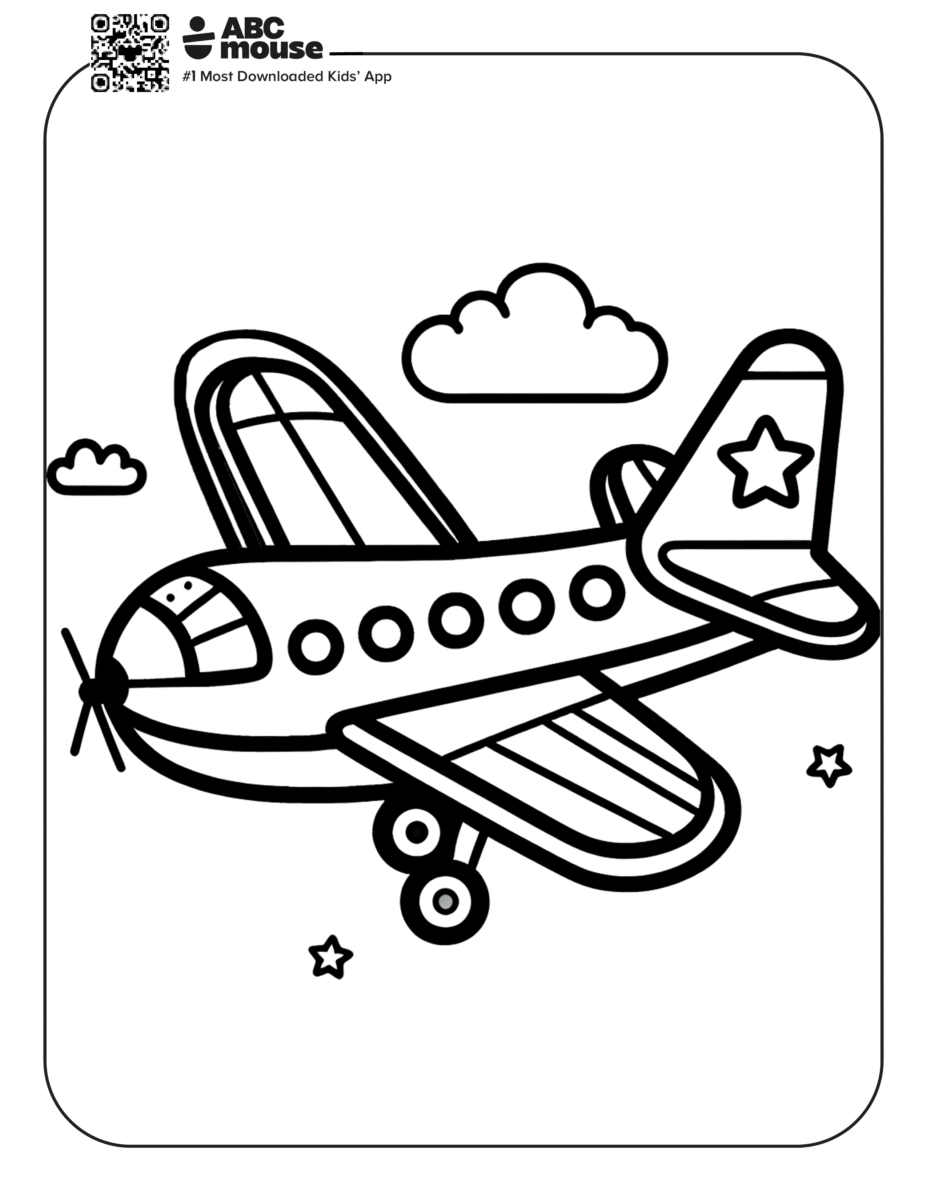 Free printable airplane coloring page for kids from ABCmouse.com. Simple cartoon airplane with bold, thick black outlines, perfect for toddlers and preschoolers to color.