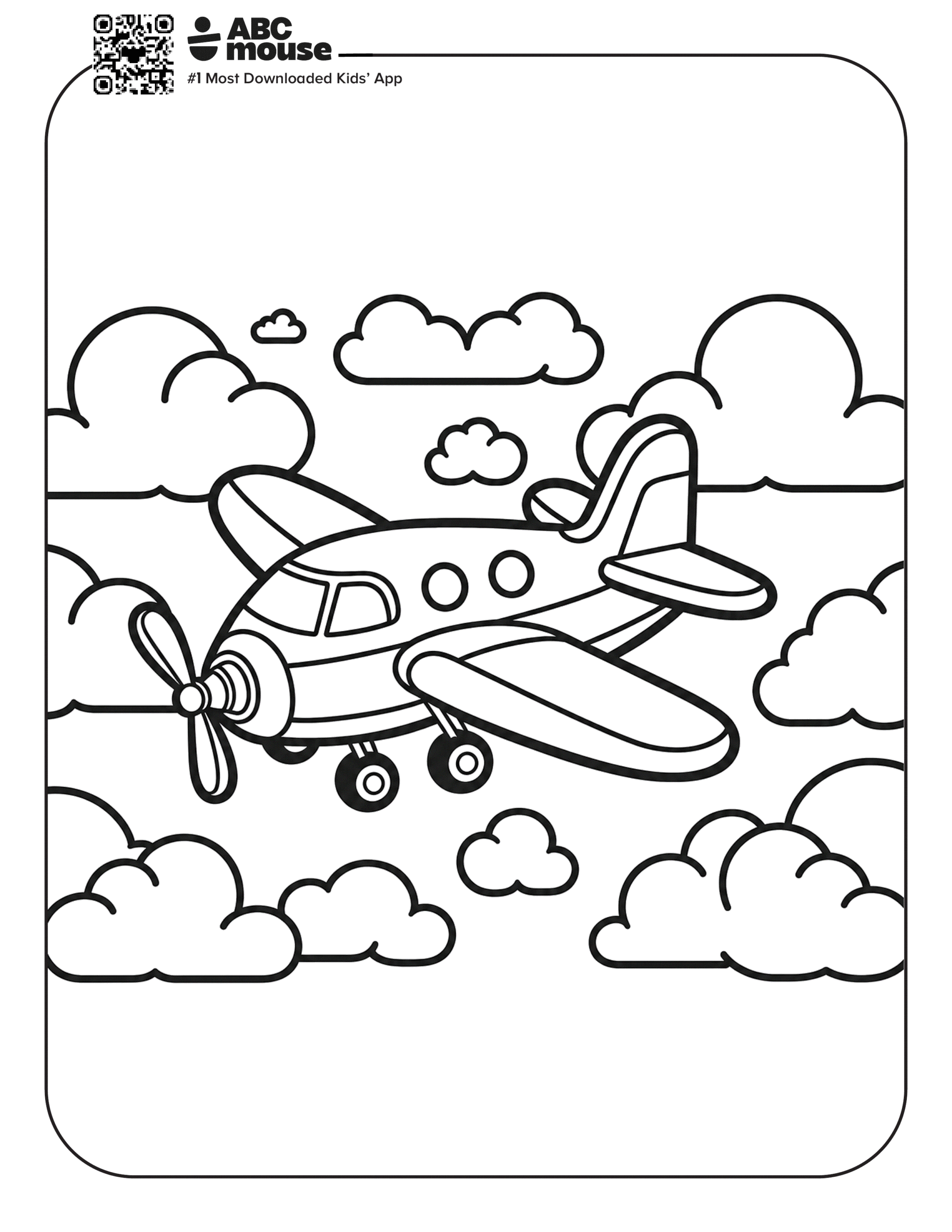 Free printable airplane coloring page for kids from ABCmouse.com. Cartoon propeller airplane flying through fluffy clouds in a simple coloring page for young children.
