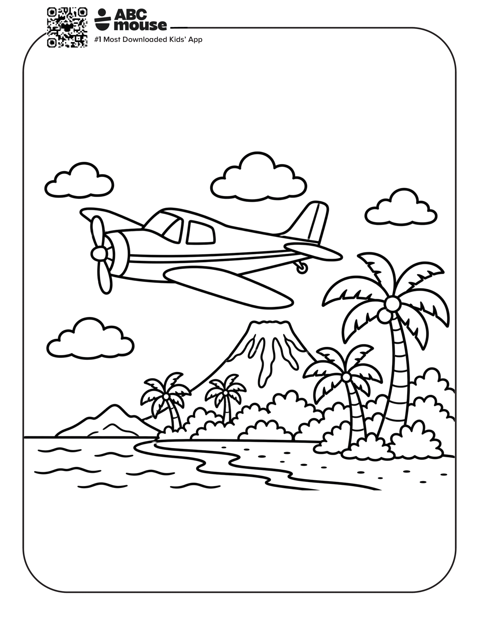 Free printable airplane coloring page for kids from ABCmouse.com. Small propeller airplane flying above a tropical beach with palm trees, mountains, and the ocean.
