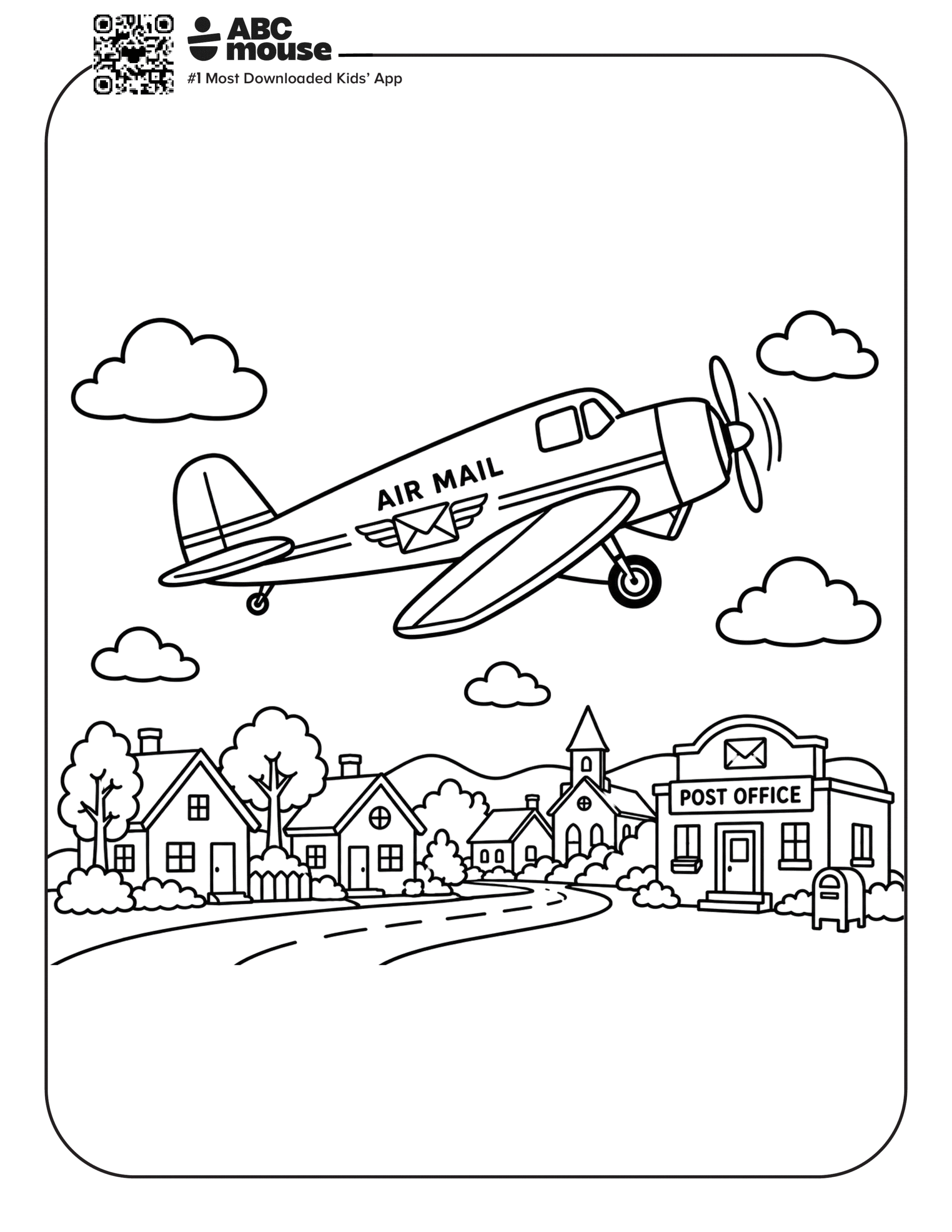 Free printable airplane coloring page for kids from ABCmouse.com. Vintage air mail airplane flying above a small town delivering mail on a classic coloring page.
