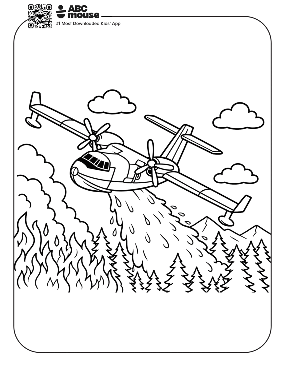 Free printable airplane coloring page for kids from ABCmouse.com. Water bomber airplane dropping water over a forest fire to help firefighters protect the trees.