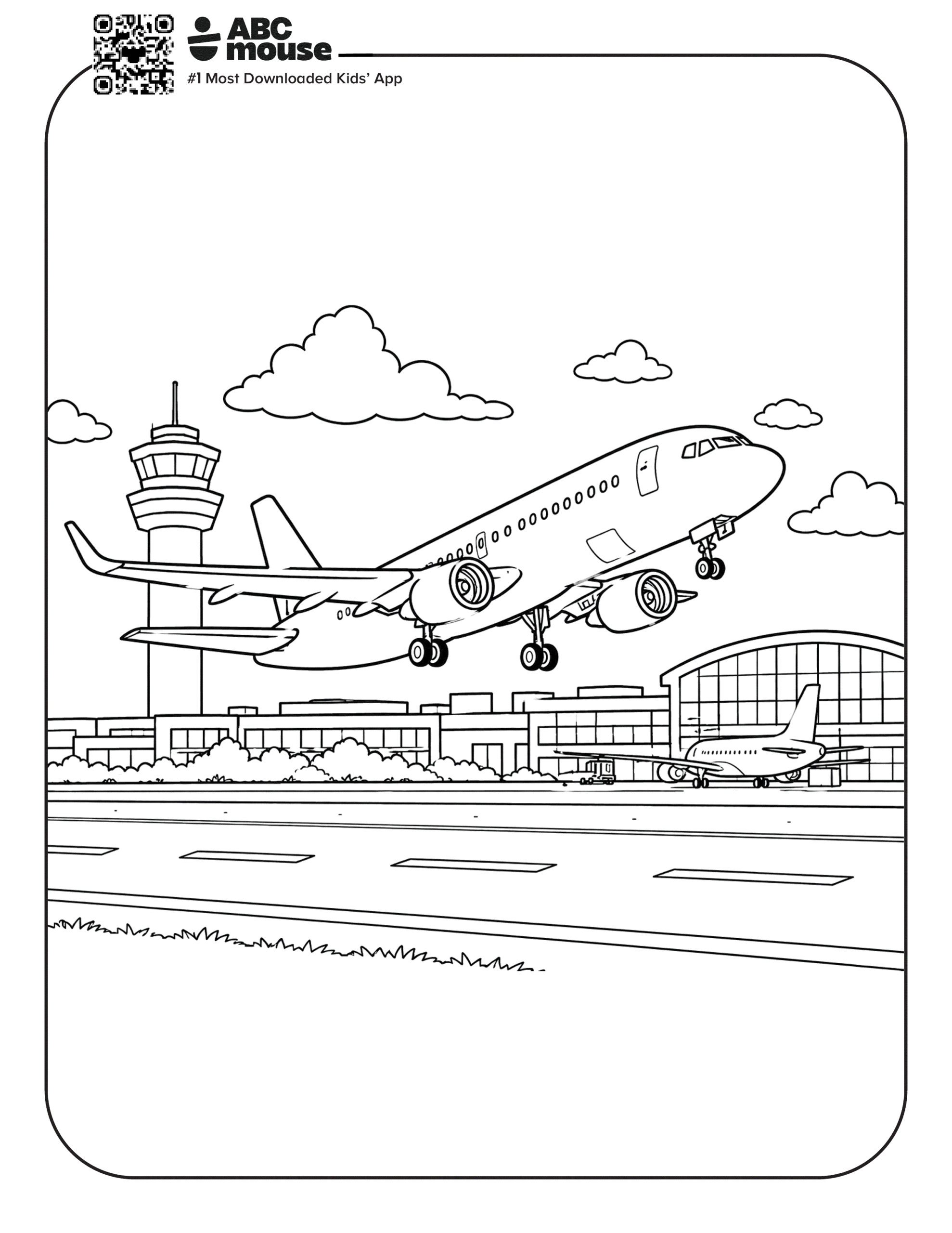 Free printable airplane coloring page for kids from ABCmouse.com. Passenger jet taking off from the runway with the airport terminal and control tower in the background.