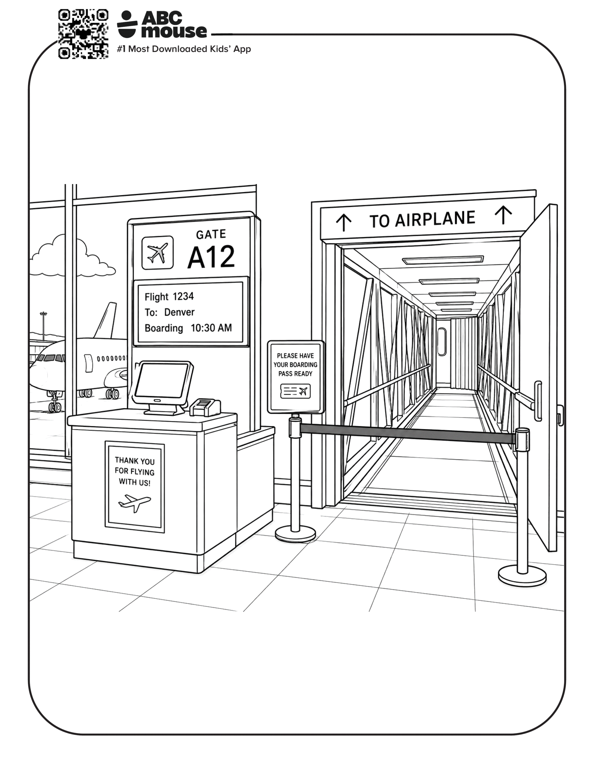 Free printable airplane coloring page for kids from ABCmouse.com. Airport departure gate with signs leading to airplane boarding and terminal walkway.