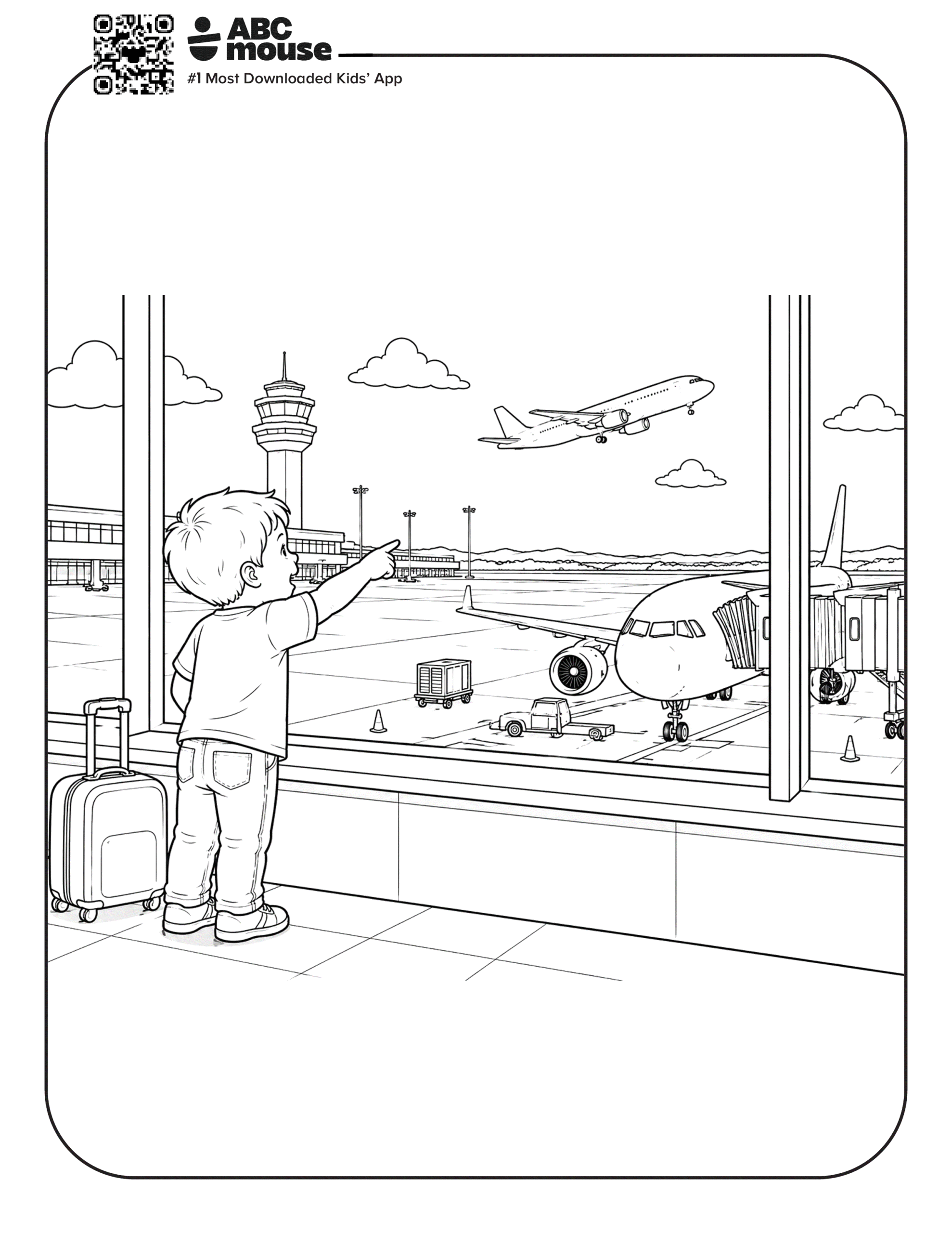 Free printable airplane coloring page for kids from ABCmouse.com. Young boy watching airplanes through a large airport window before takeoff.