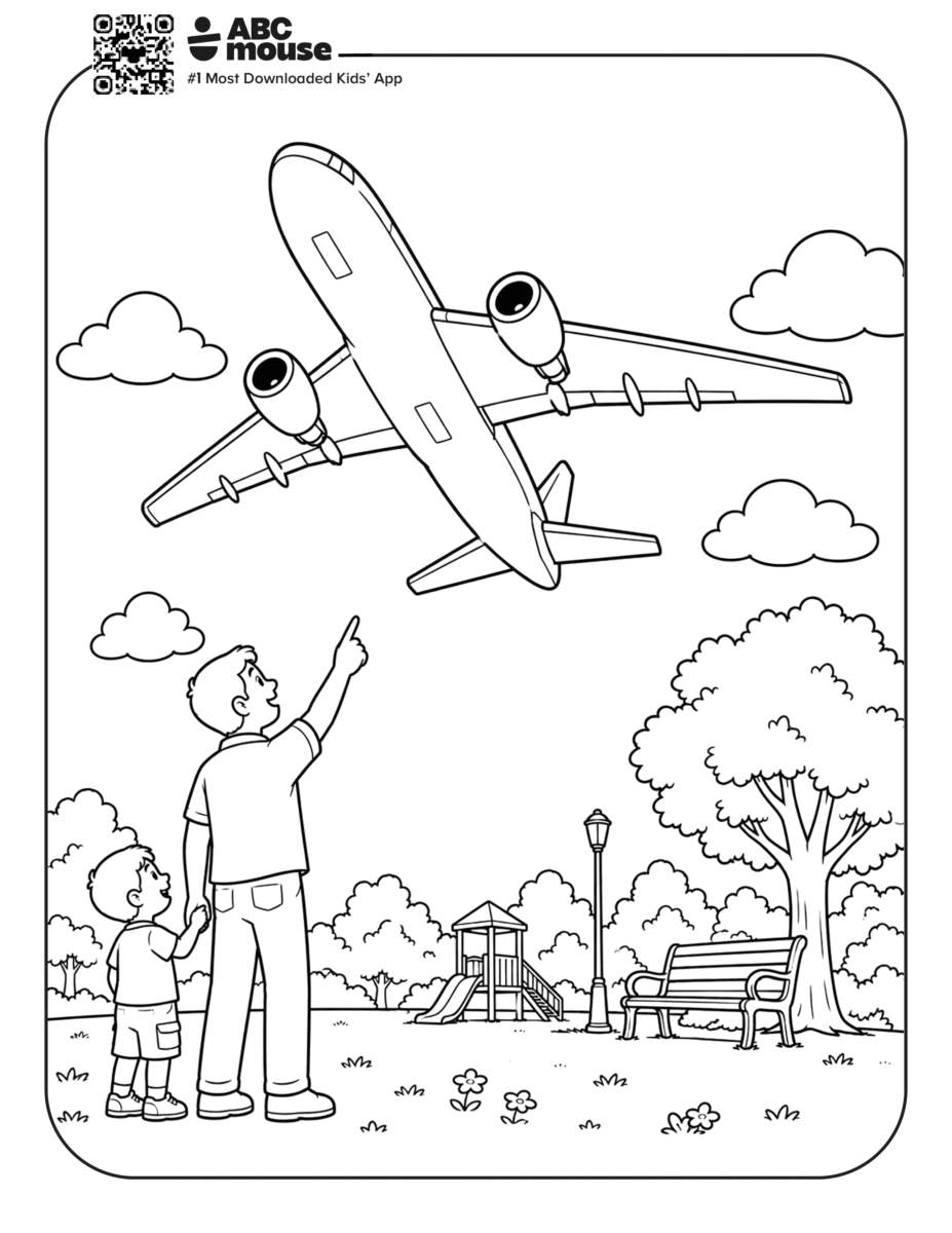 Free printable airplane coloring page for kids from ABCmouse.com. Passenger airplane flying low over a park while a child waves up from the ground.