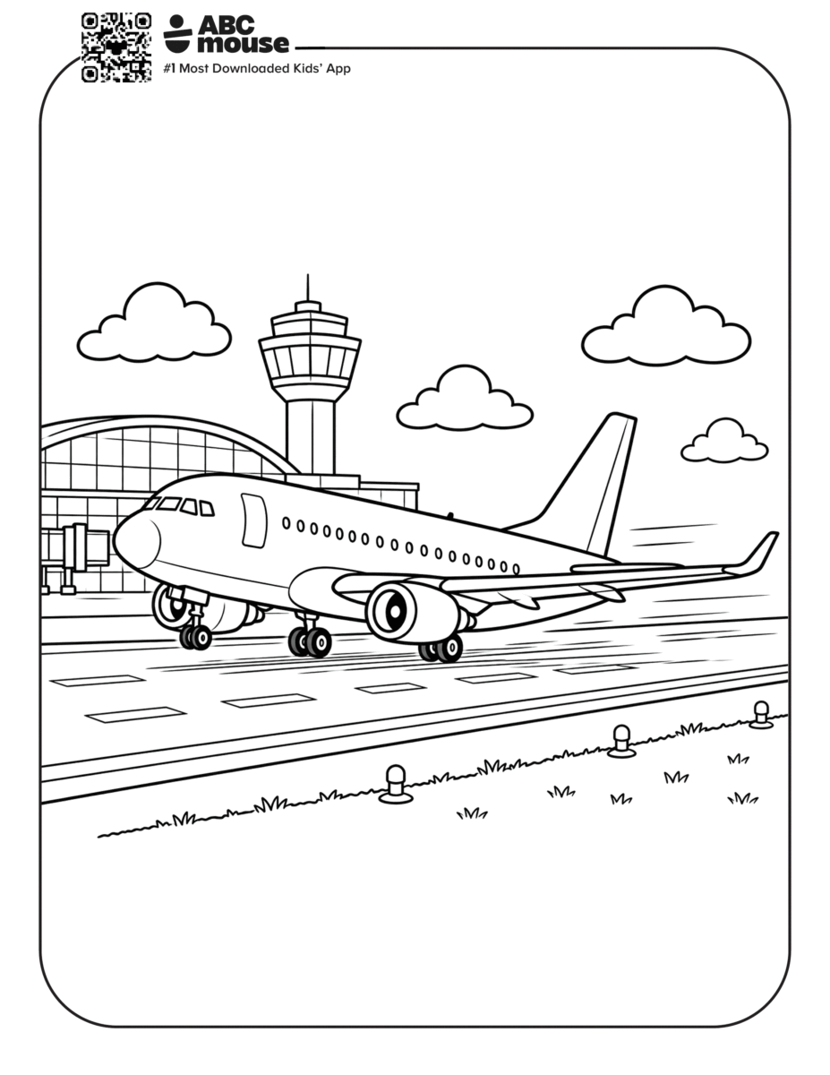 Free printable airplane coloring page for kids from ABCmouse.com. Passenger airplane parked on the airport tarmac with the terminal building and control tower nearby.
