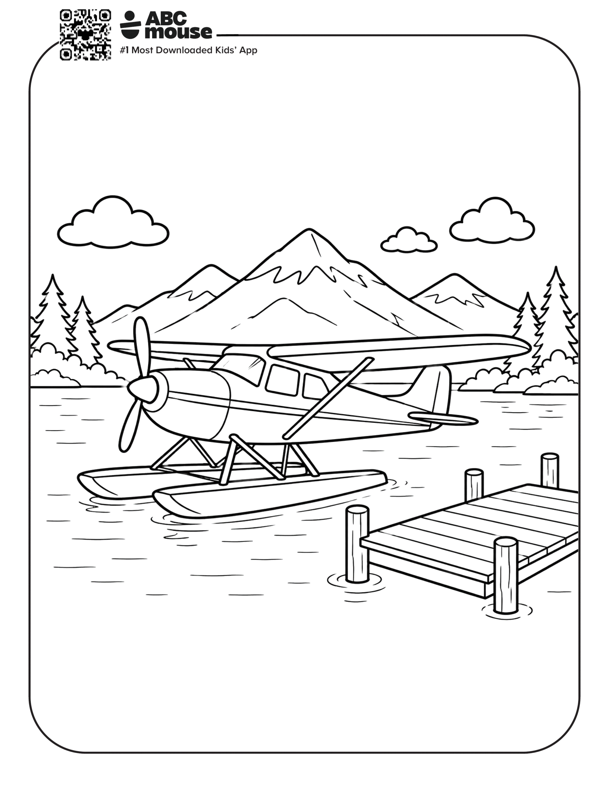 Free printable airplane coloring page for kids from ABCmouse.com. Seaplane floating on a mountain lake beside a wooden dock surrounded by pine trees.