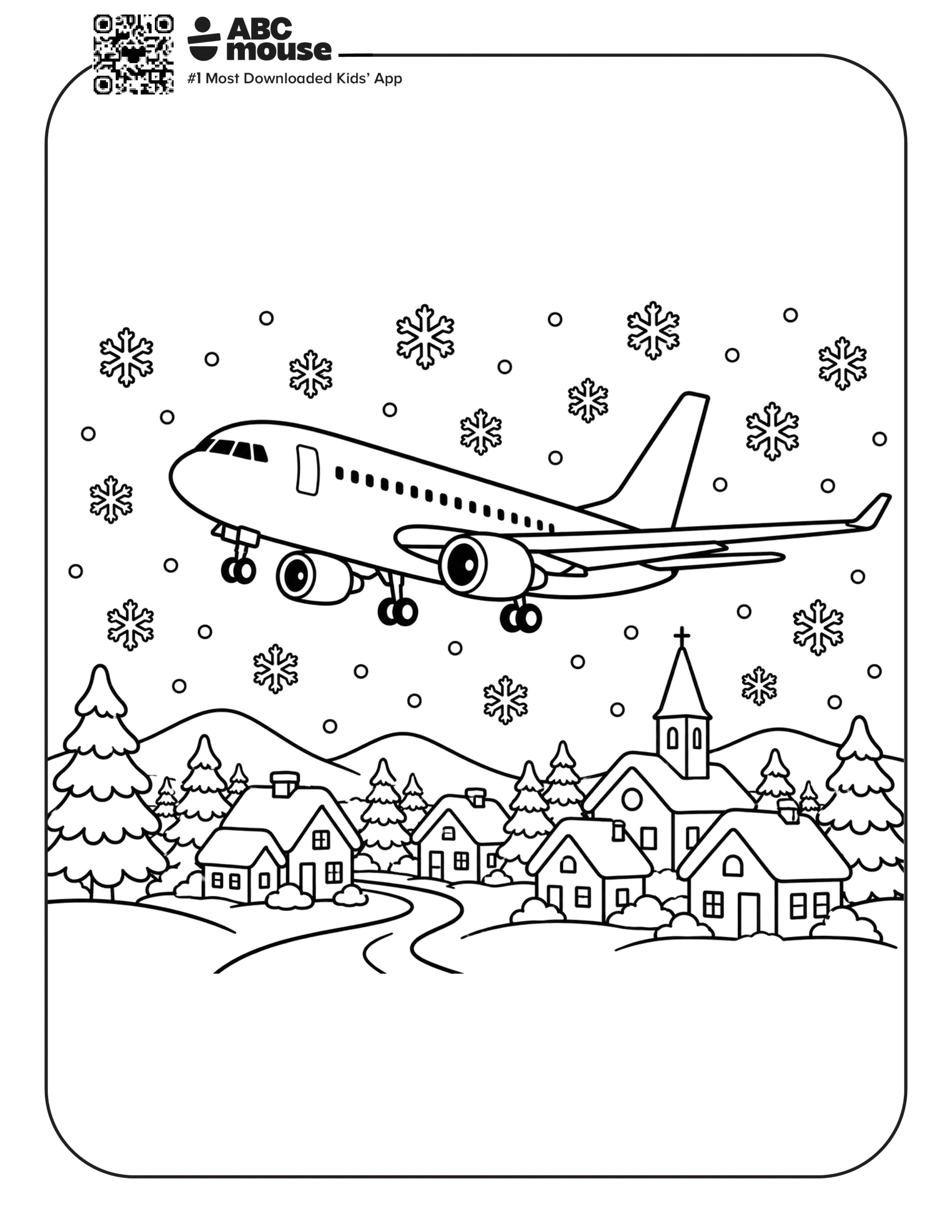 Free printable airplane coloring page for kids from ABCmouse.com. Passenger airplane flying above a snowy village with falling snowflakes and winter scenery.