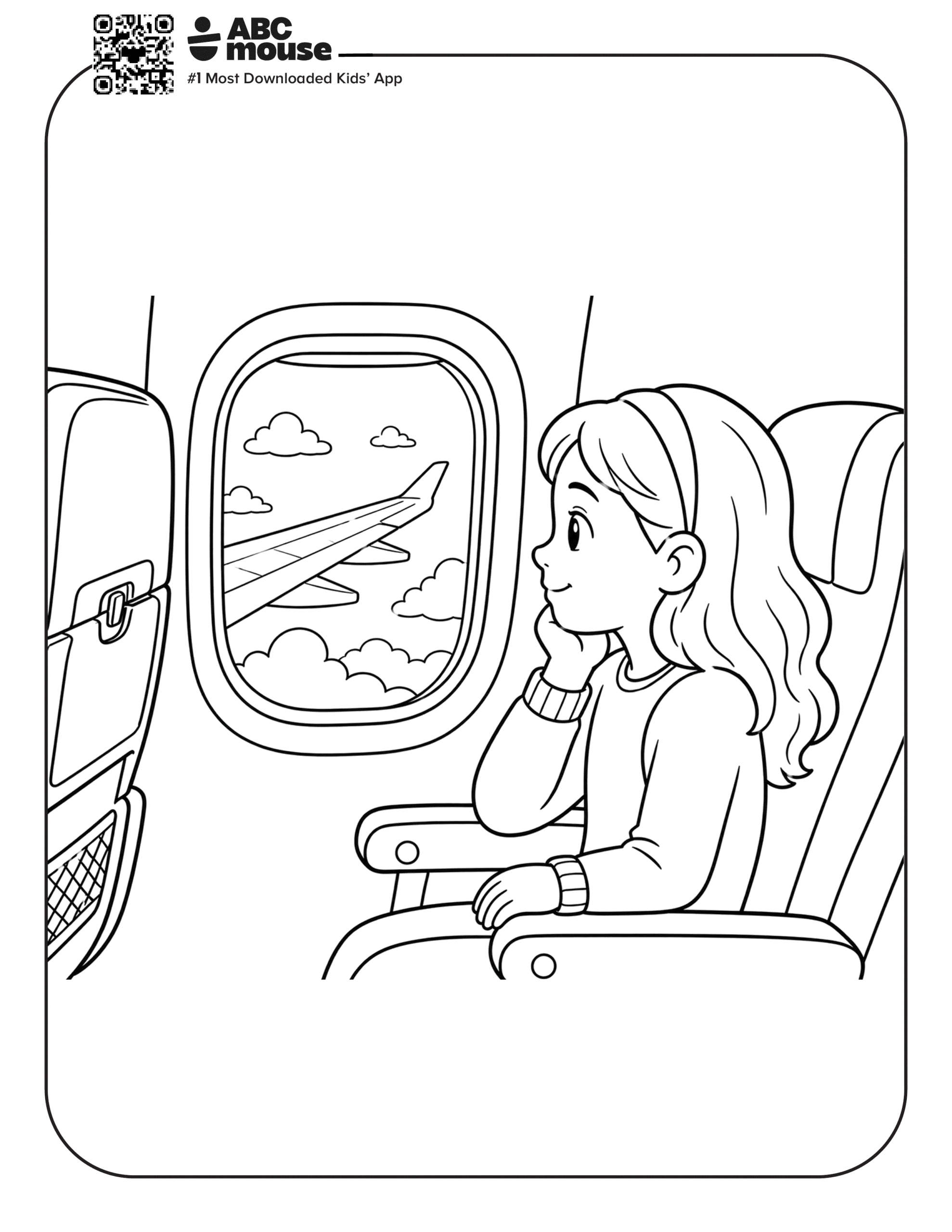 Free printable airplane coloring page for kids from ABCmouse.com. Young girl enjoying a window seat on an airplane while looking out at the sky.