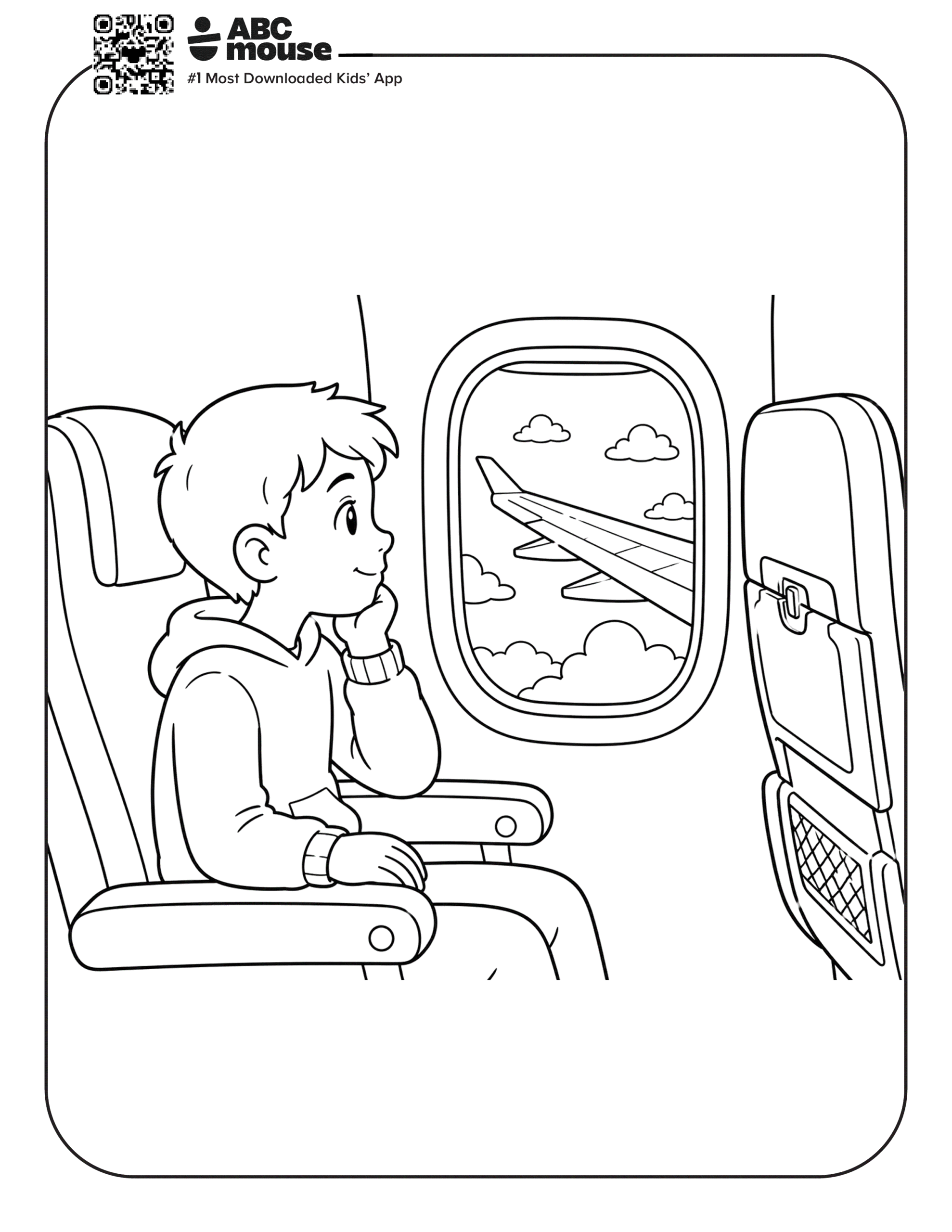 Free printable airplane coloring page for kids from ABCmouse.com. Young boy sitting by the airplane window watching another plane fly through the clouds.