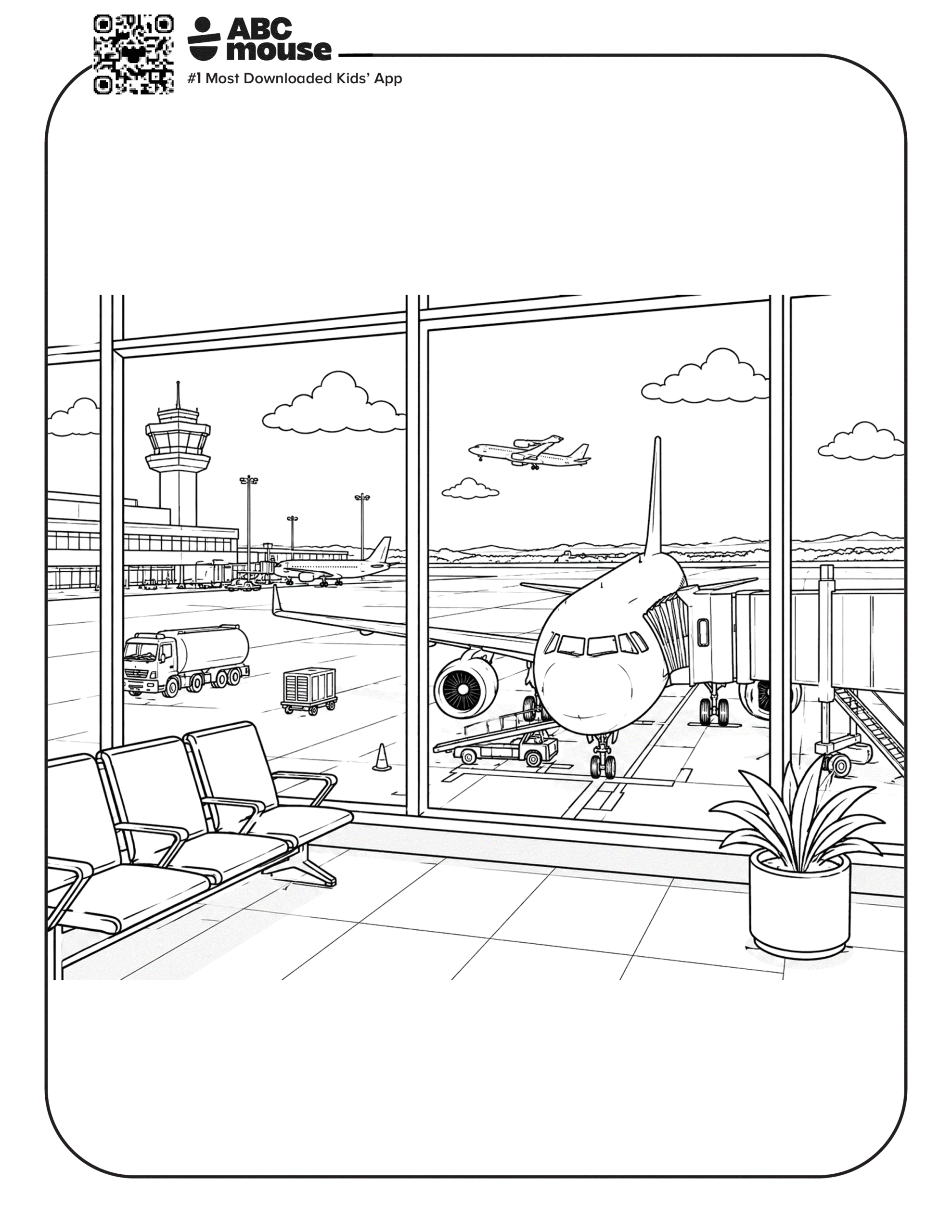 Free printable airplane coloring page for kids from ABCmouse.com. Airport waiting area with seats overlooking a parked passenger jet through large terminal windows.