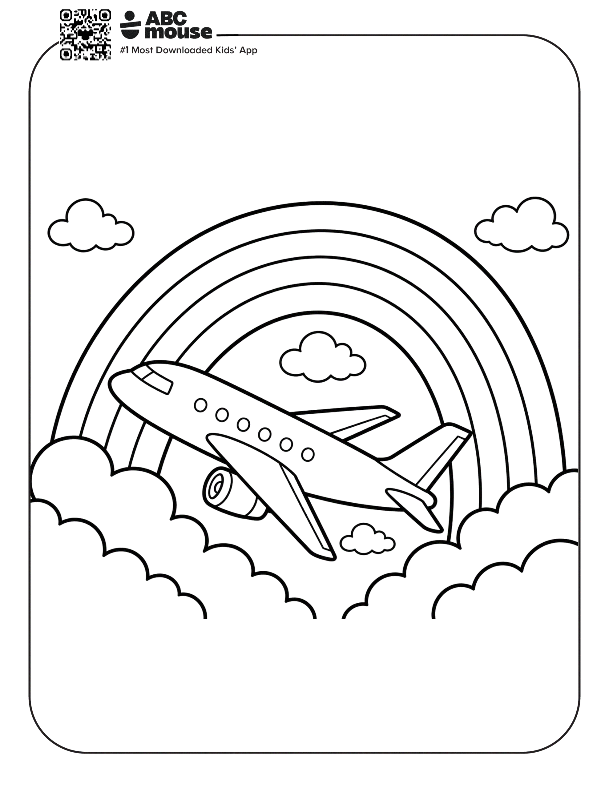Free printable airplane coloring page for kids from ABCmouse.com. Simple jet airplane flying in front of a rainbow and clouds, perfect for preschool and kindergarten coloring fun.