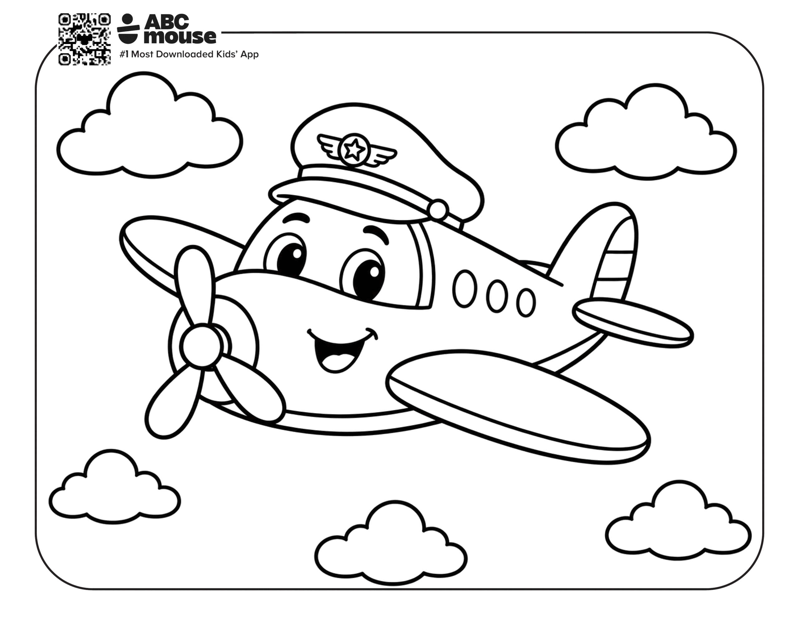 Free printable simple cute airplane with a face coloring page for kids from ABCmouse.com.