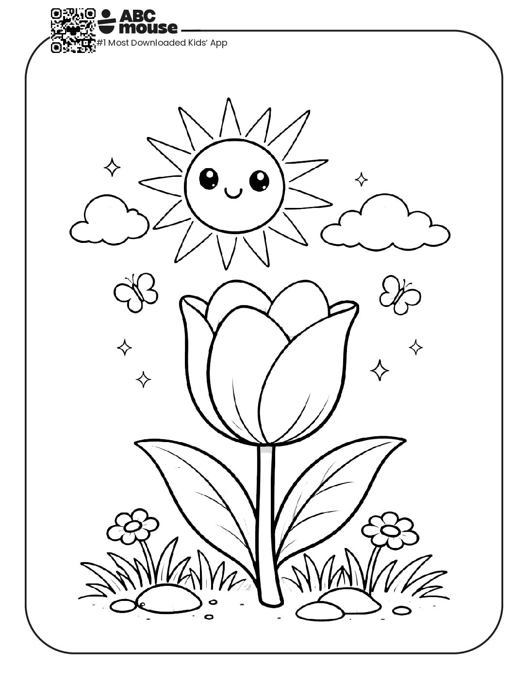 Rose with Sun and Butterflies Coloring Page | ABCmouse