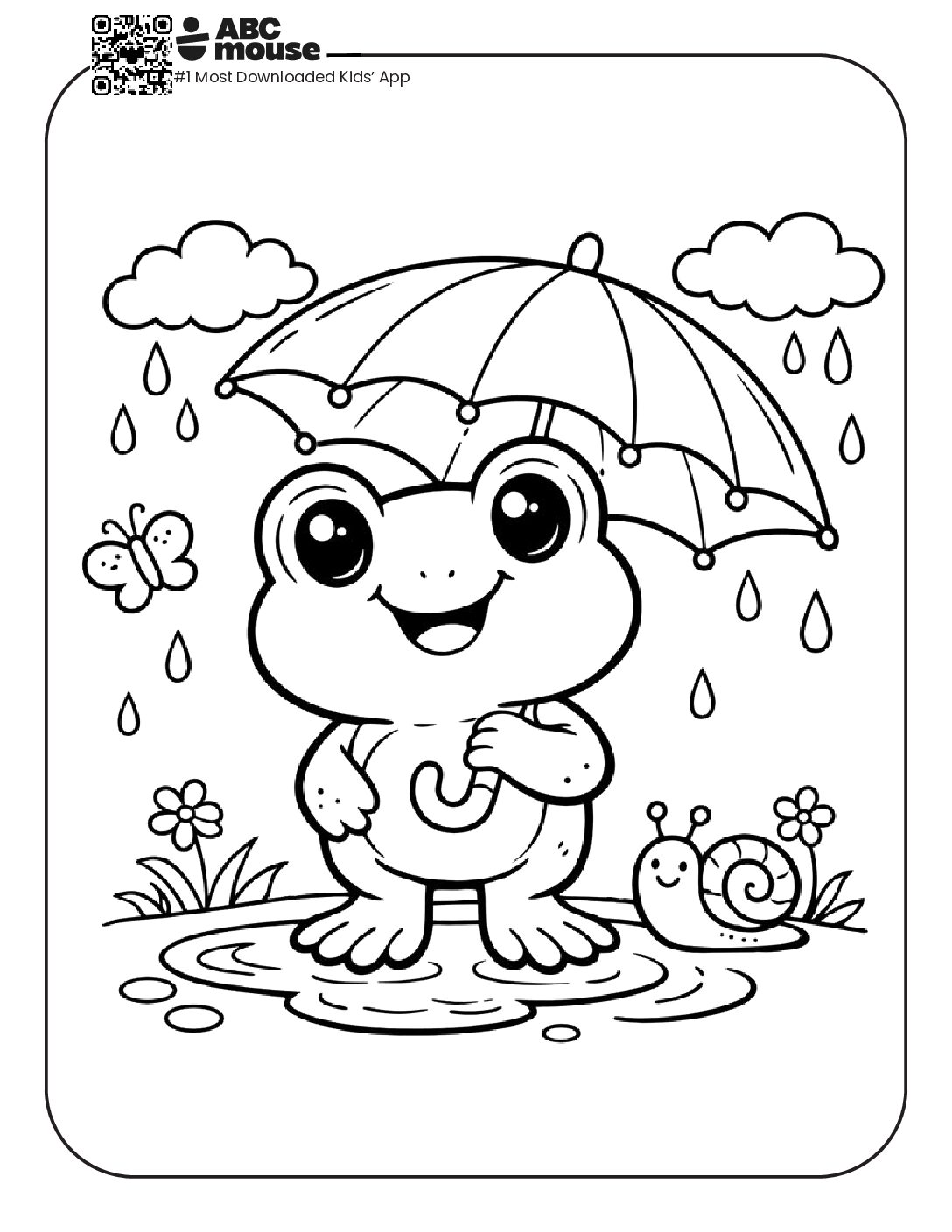 Cute Frog Under an Umbrella Coloring Page with Rain and Small Animals ...