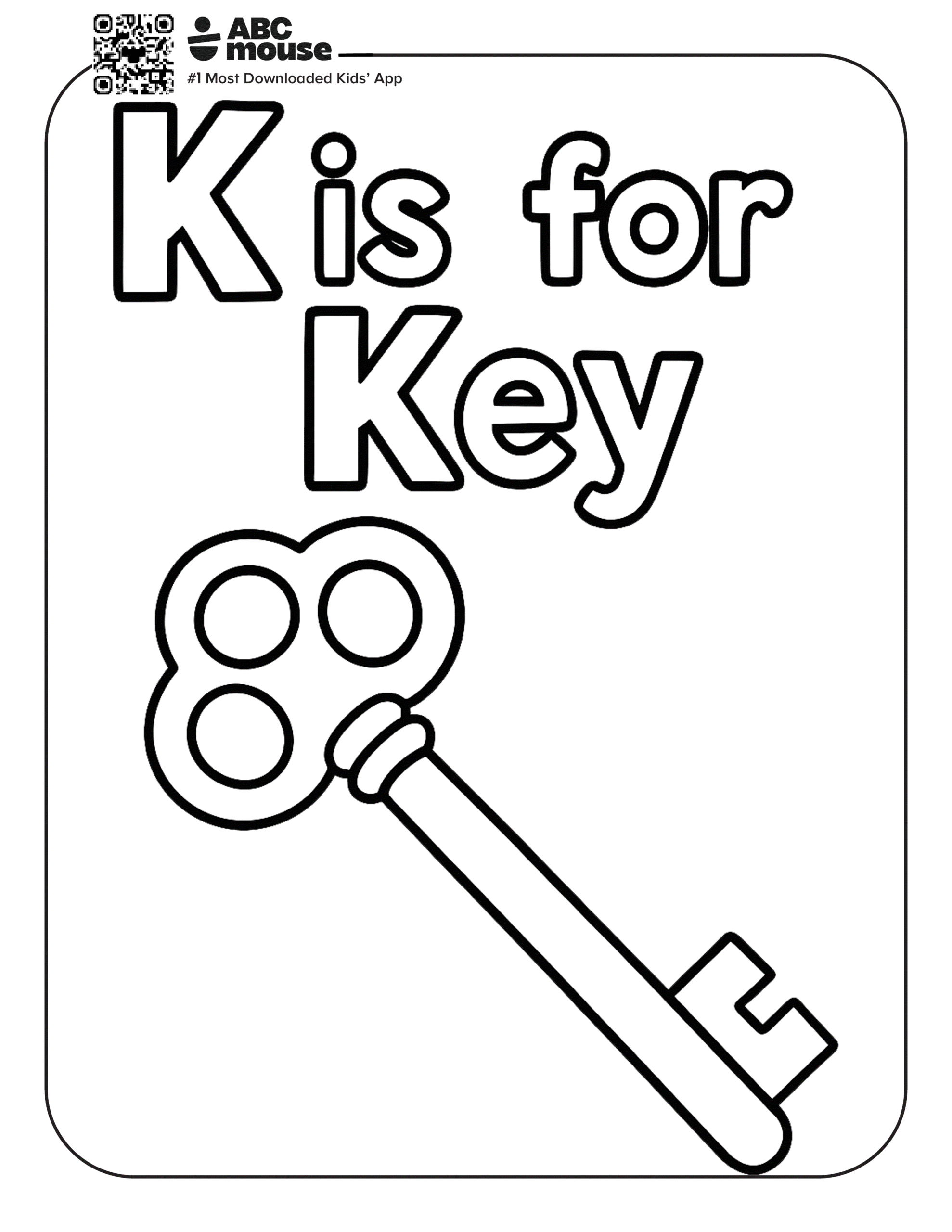 Free printable letter K coloring page for kids from ABCmouse.com. Large key illustration with the phrase "K is for Key" for beginning letter learning.