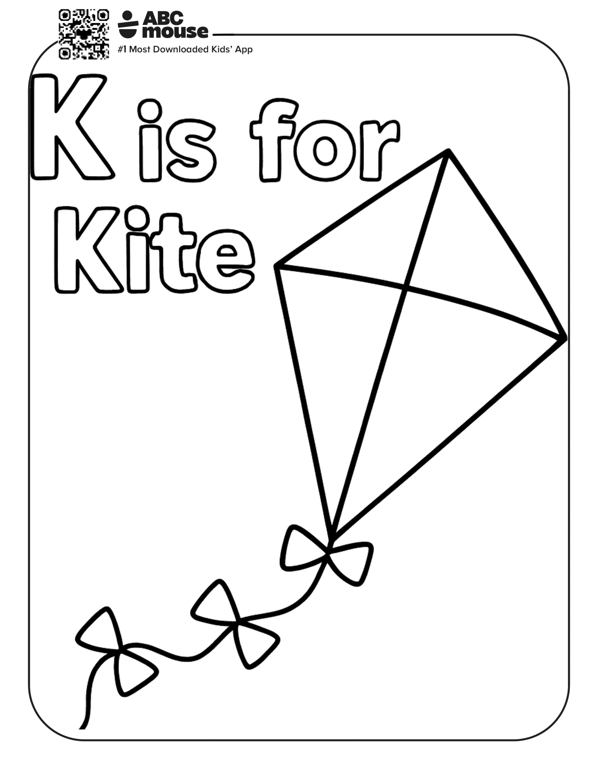 Free printable letter K coloring page for kids from ABCmouse.com. Simple kite with a flowing tail beside the words "K is for Kite."