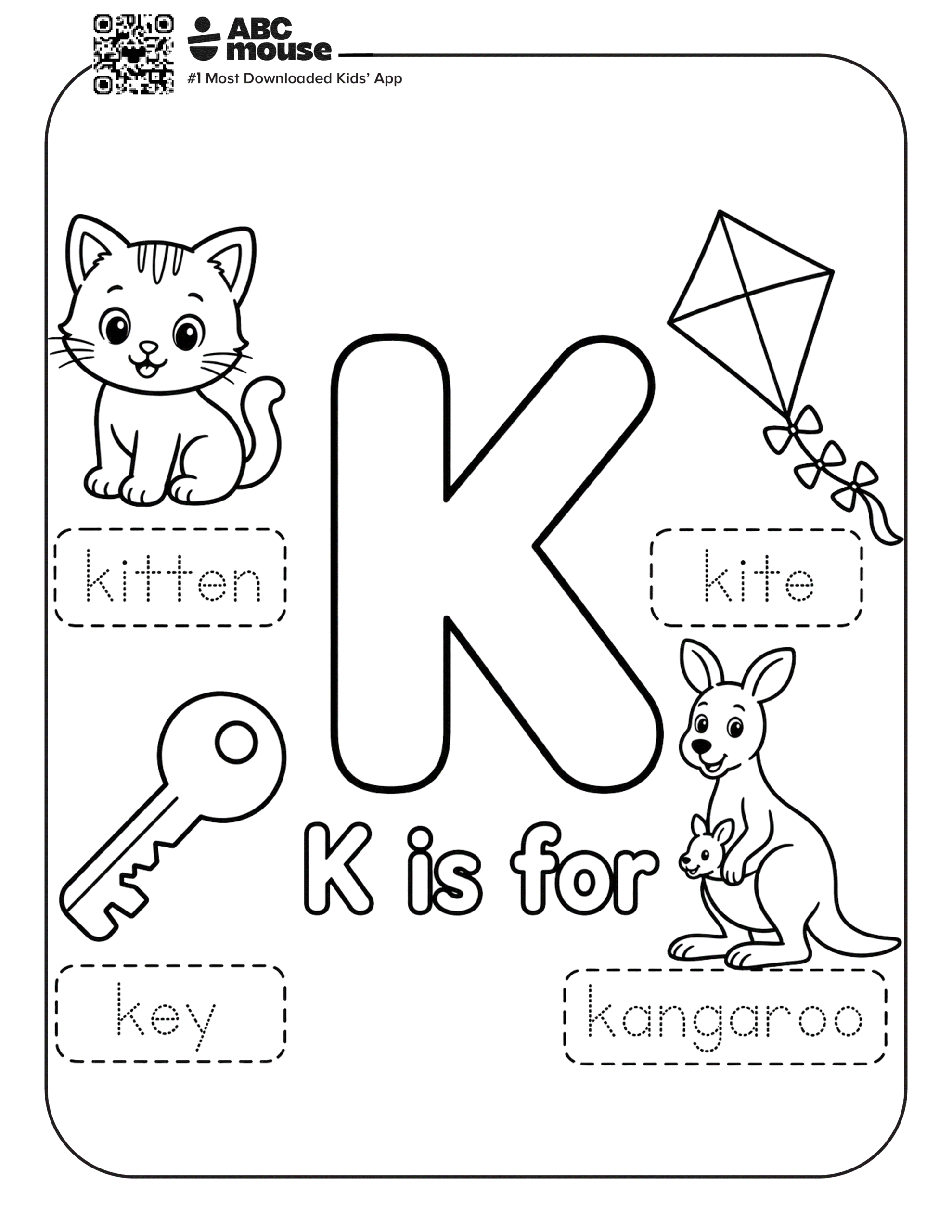 Free printable letter K coloring page for kids from ABCmouse.com. Letter K worksheet featuring a kitten, kite, key, and kangaroo to build vocabulary and phonics skills.