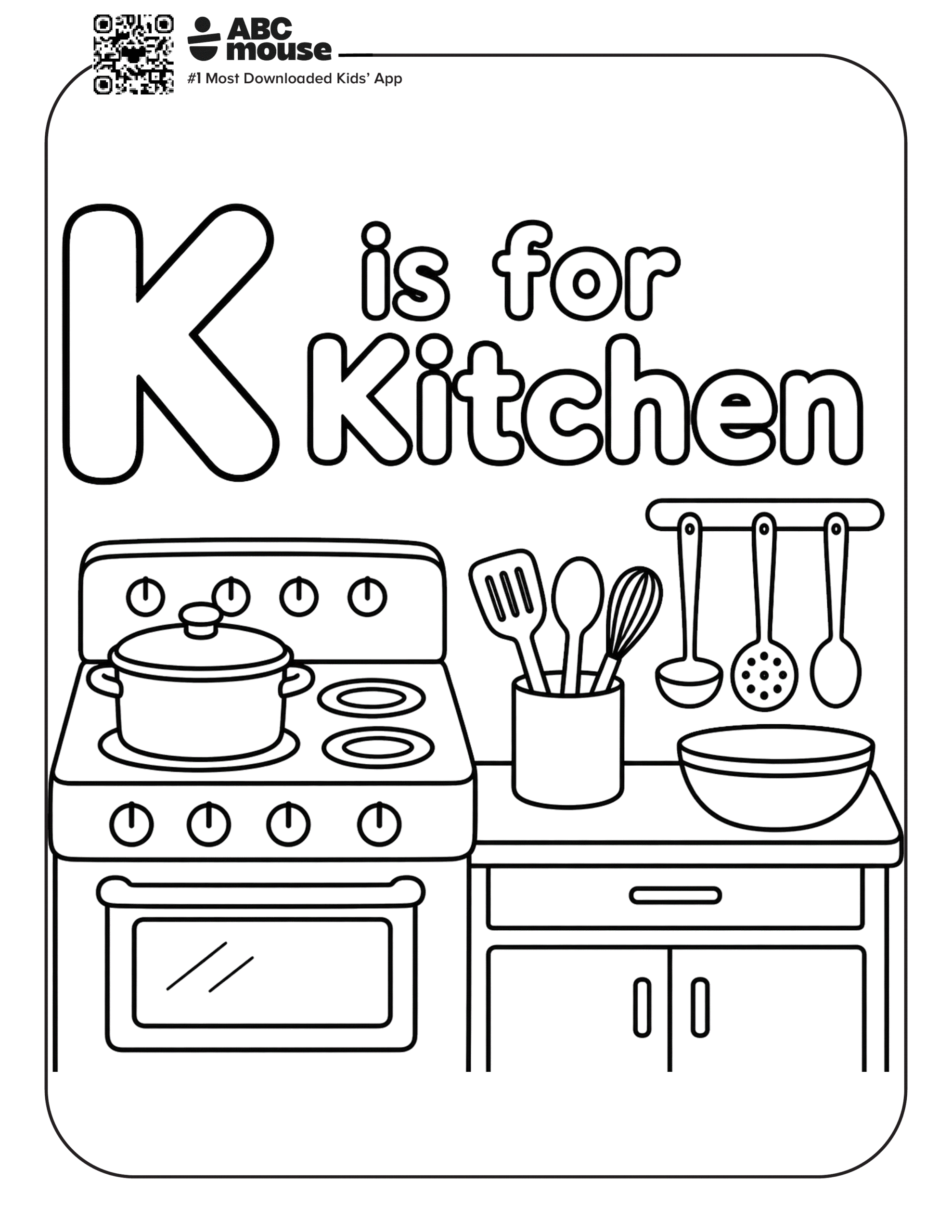 Free printable letter K coloring page for kids from ABCmouse.com. Kitchen scene with a stove, sink, cabinets, and cooking utensils labeled "K is for Kitchen."