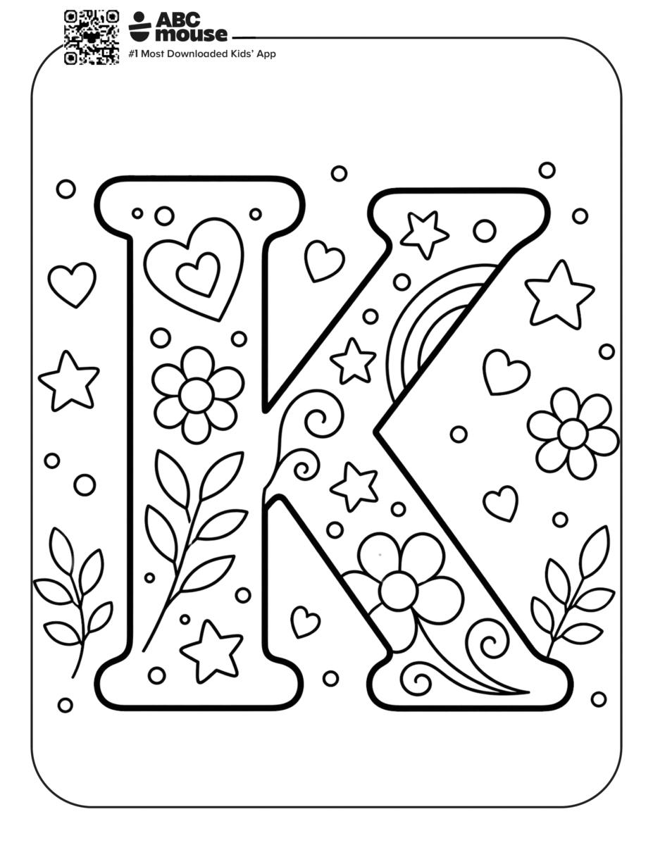 Free printable letter K coloring page for kids from ABCmouse.com. Large decorative uppercase letter K filled with flowers, hearts, and stars for creative coloring fun.