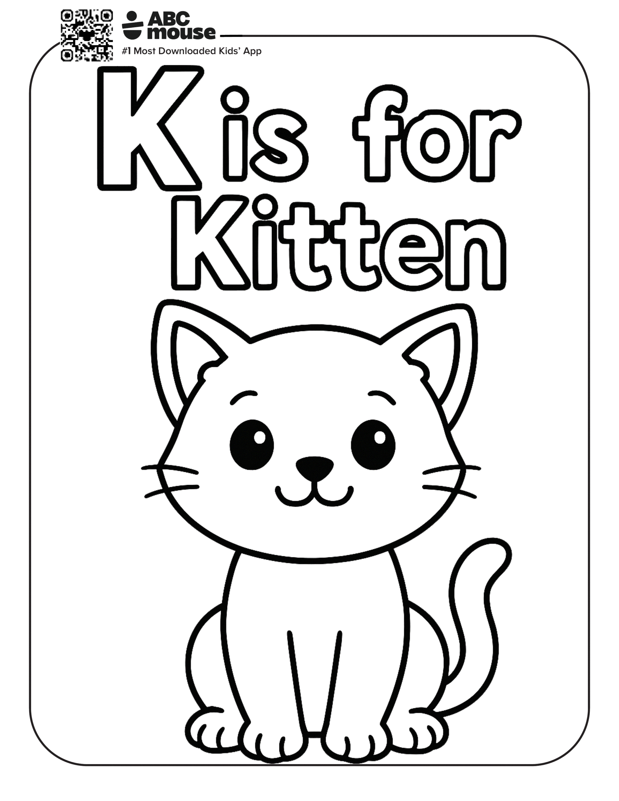 Free printable letter K coloring page for kids from ABCmouse.com. Cute kitten with the words "K is for Kitten" to help children connect letters and words.