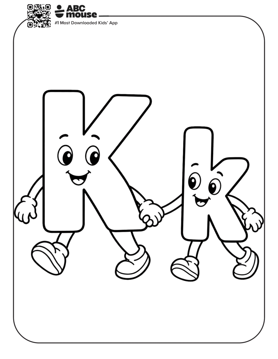 Free printable letter K coloring page for kids from ABCmouse.com. Friendly uppercase and lowercase letter K characters holding hands to help children learn letter recognition.