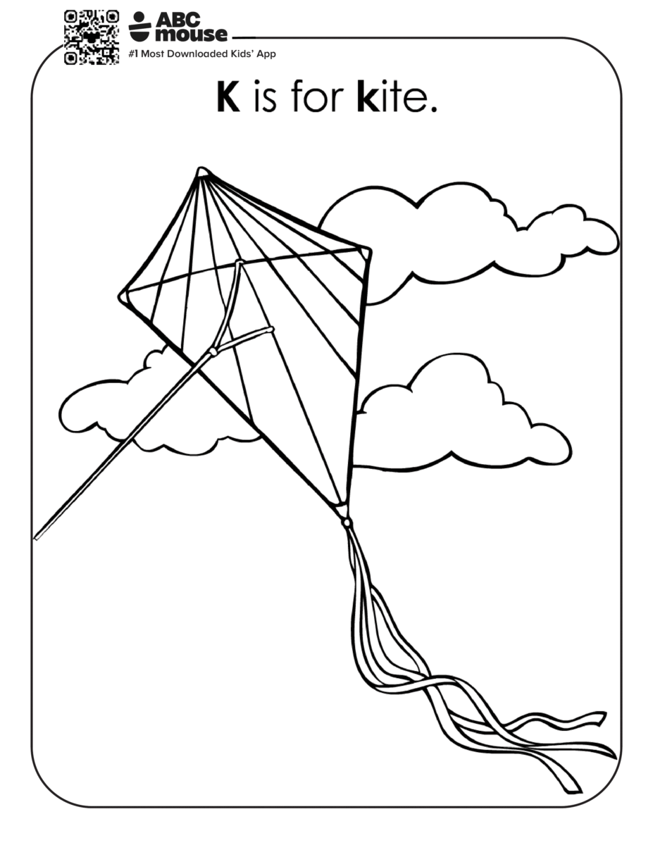 Free printable letter K coloring page for kids from ABCmouse.com. Kite flying through the sky with clouds and the phrase "K is for Kite" for young learners.