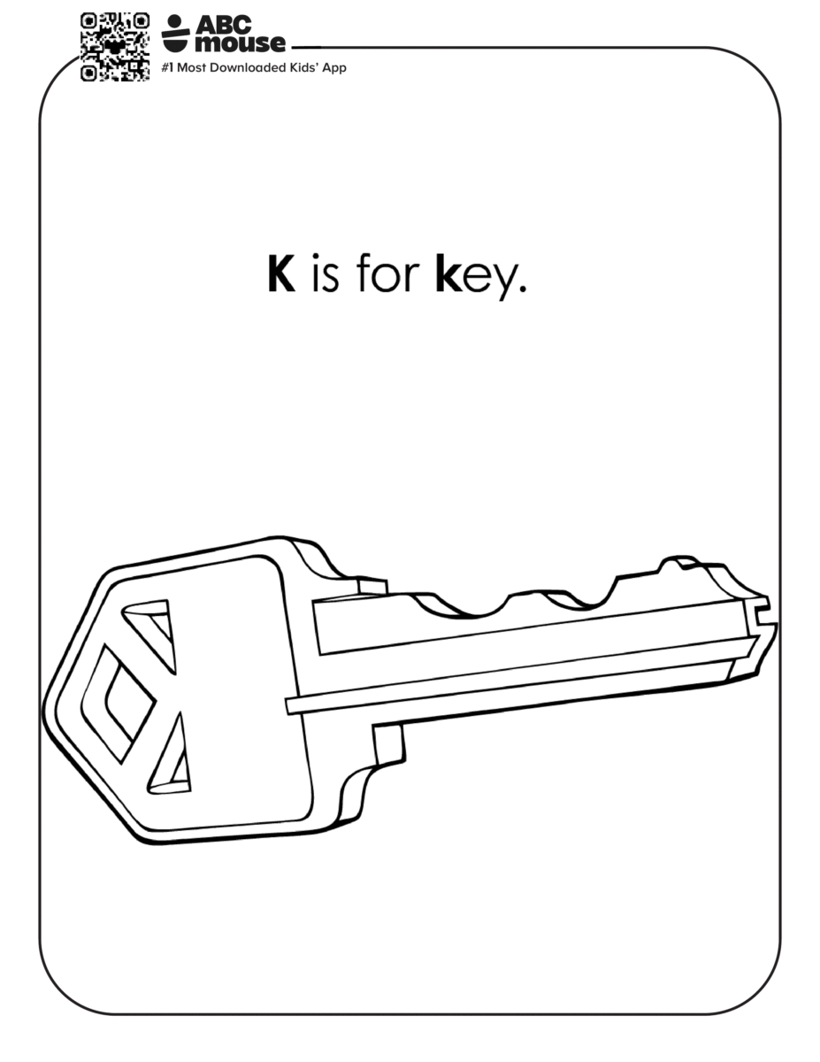 Free printable letter K coloring page for kids from ABCmouse.com. Realistic house key illustration with the words "K is for Key" for alphabet learning.