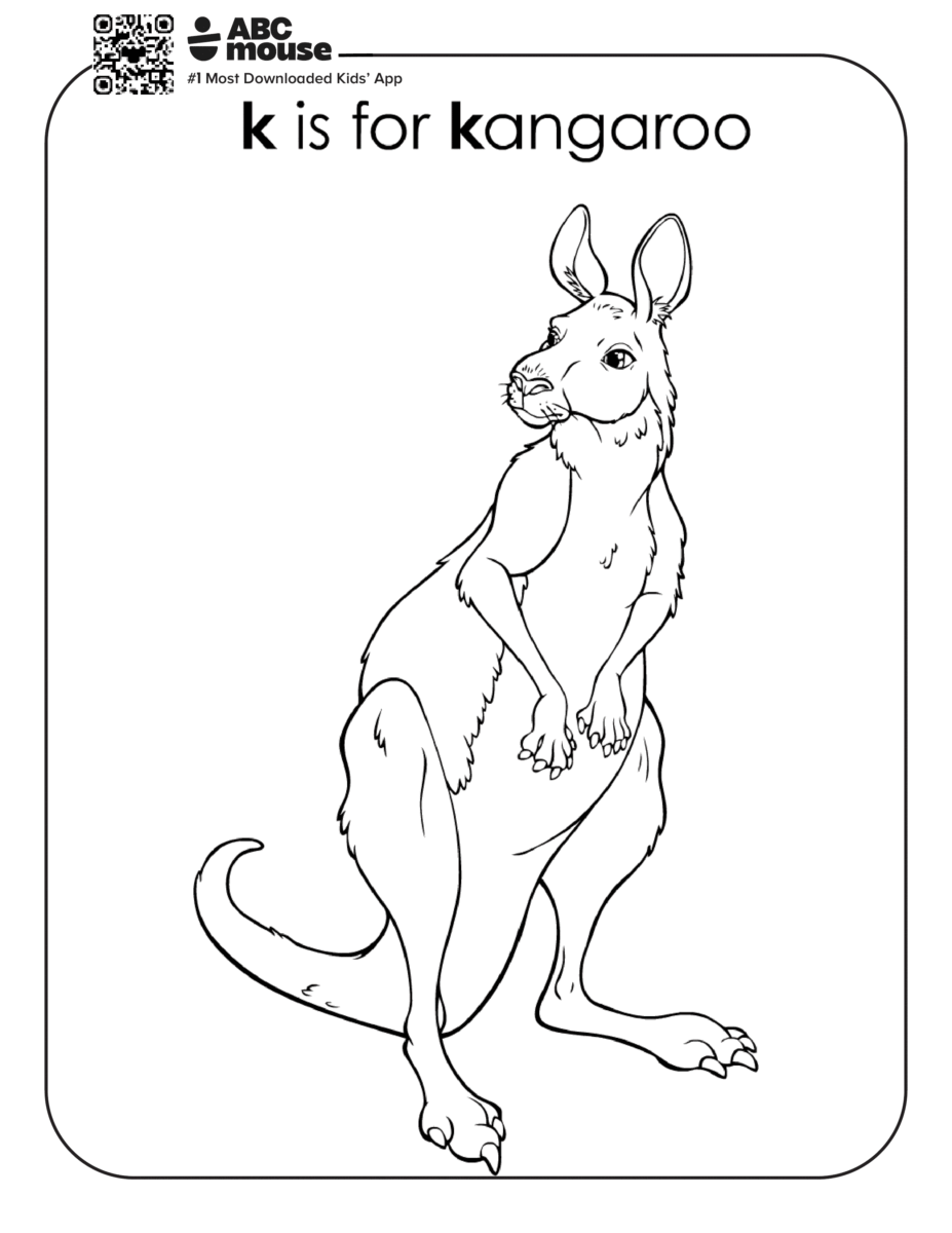 Free printable letter K coloring page for kids from ABCmouse.com. Realistic kangaroo standing upright with the phrase "K is for Kangaroo."