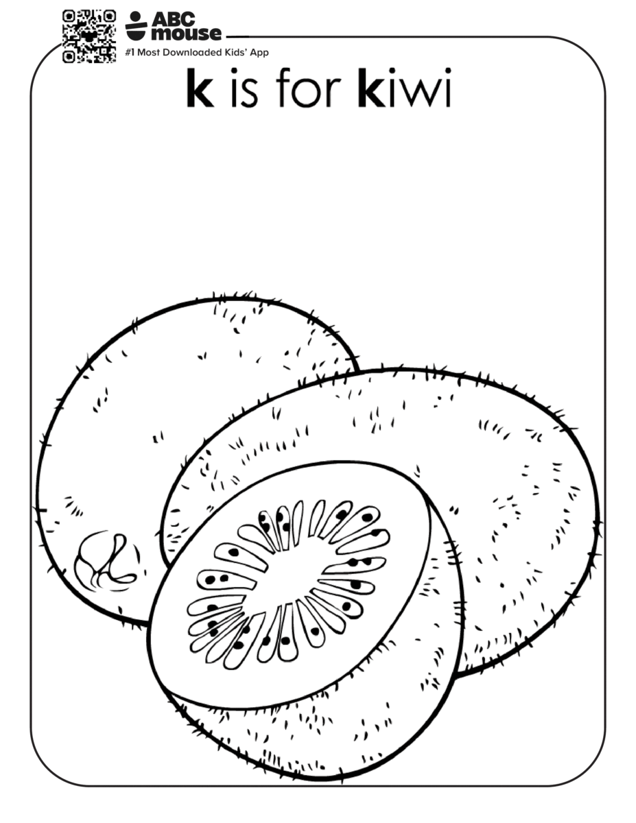 Free printable letter K coloring page for kids from ABCmouse.com. Realistic whole and sliced kiwi fruit with the words "K is for Kiwi."