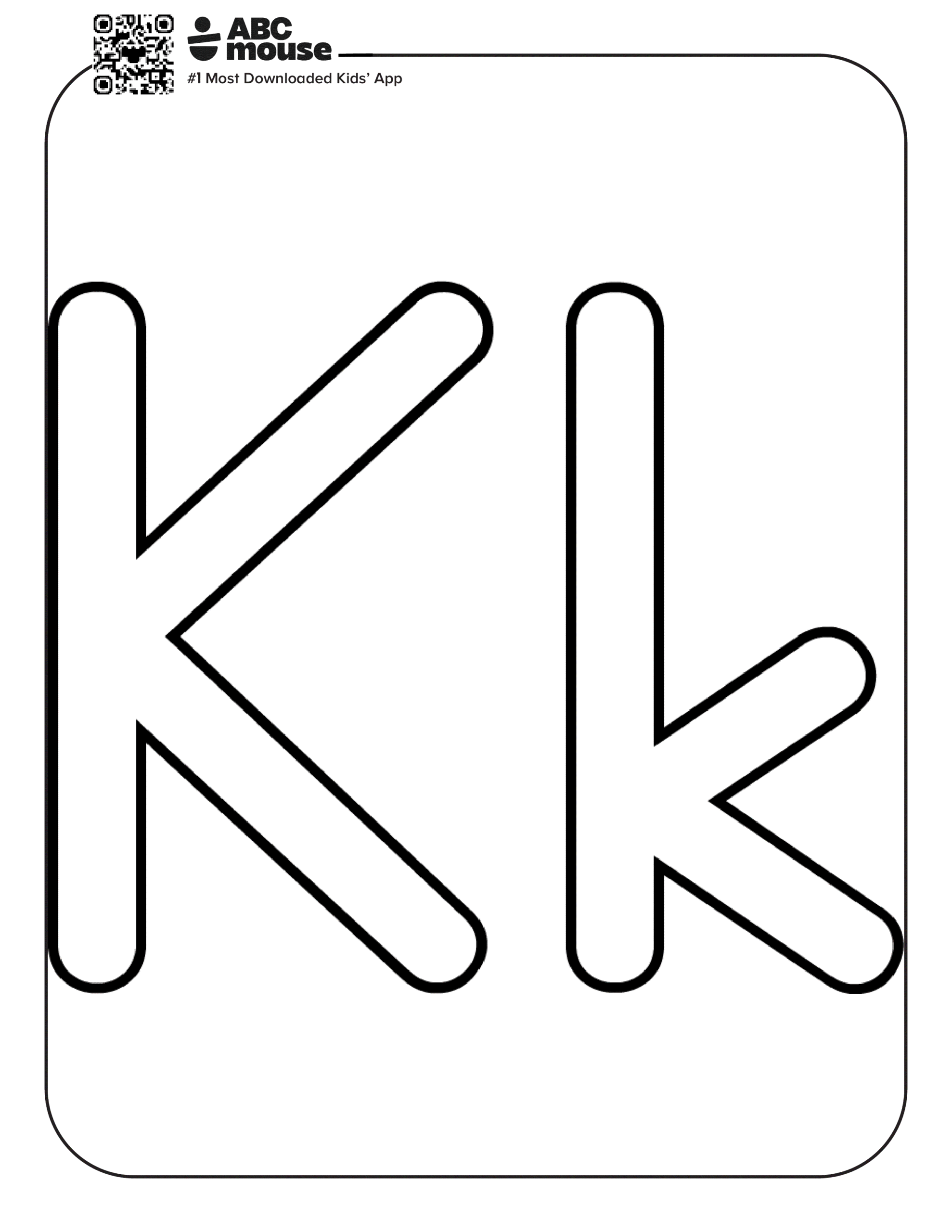 Free printable letter K coloring page for kids from ABCmouse.com. Simple uppercase and lowercase letter K outline for early handwriting and letter recognition.