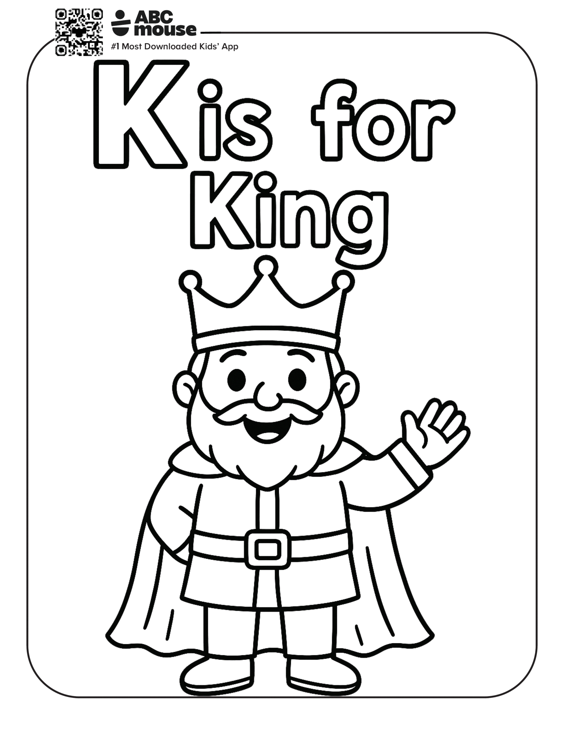 Free printable letter K coloring page for kids from ABCmouse.com. Friendly king wearing a crown and waving beside the words "K is for King."