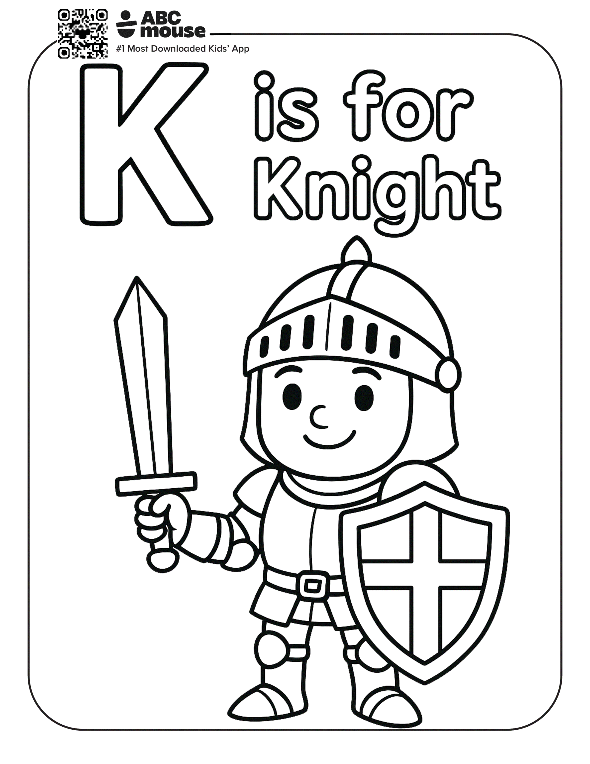 Free printable letter K coloring page for kids from ABCmouse.com. Smiling knight holding a sword and shield with the words "K is for Knight."
