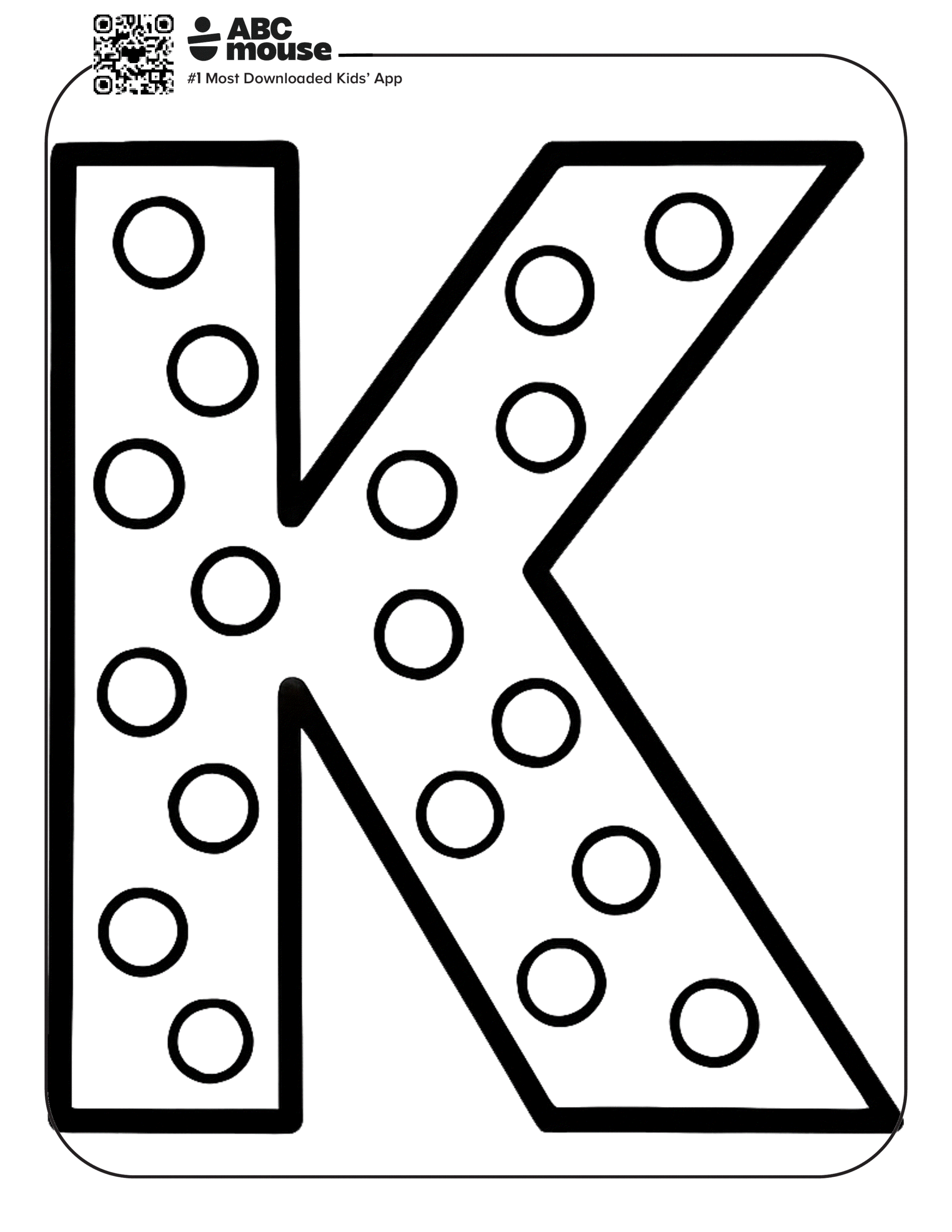 Free printable letter K coloring page for kids from ABCmouse.com. Large uppercase letter K decorated with polka dots for fun coloring and alphabet practice.