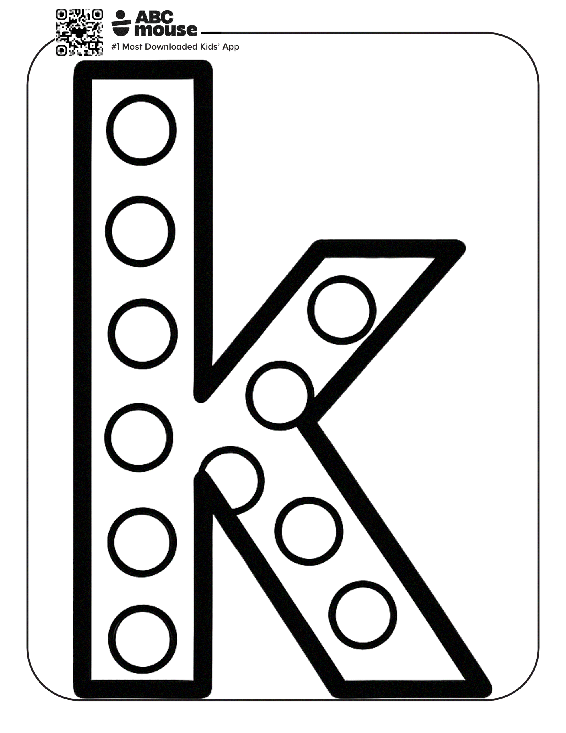 Free printable letter K coloring page for kids from ABCmouse.com. Large lowercase letter k filled with polka dots to help children learn the alphabet.