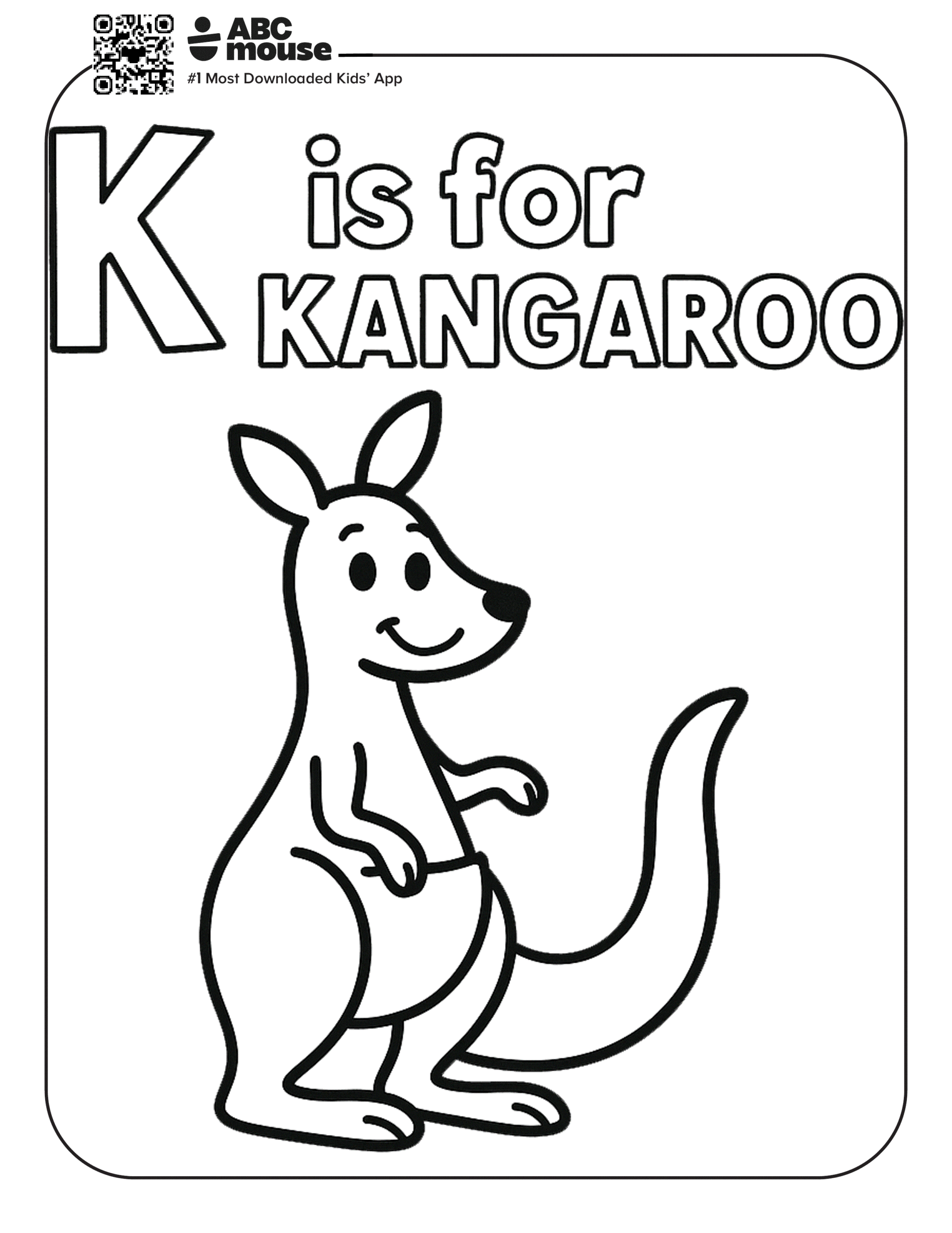Free printable letter K coloring page for kids from ABCmouse.com. Cartoon kangaroo standing upright with the words "K is for Kangaroo" for alphabet learning.