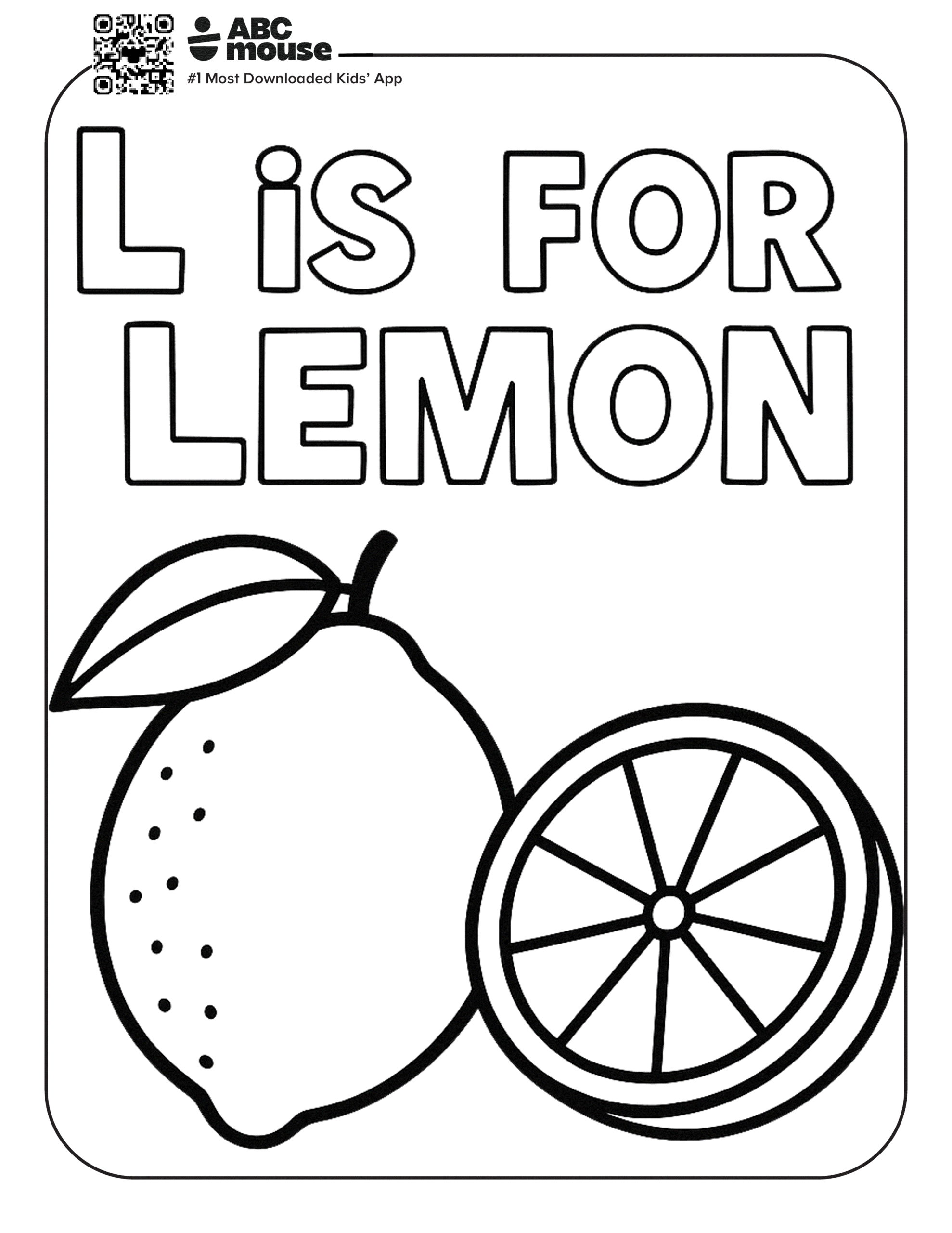 L is for Lemon – Letter L coloring page featuring a lemon and lemon slice for kids.