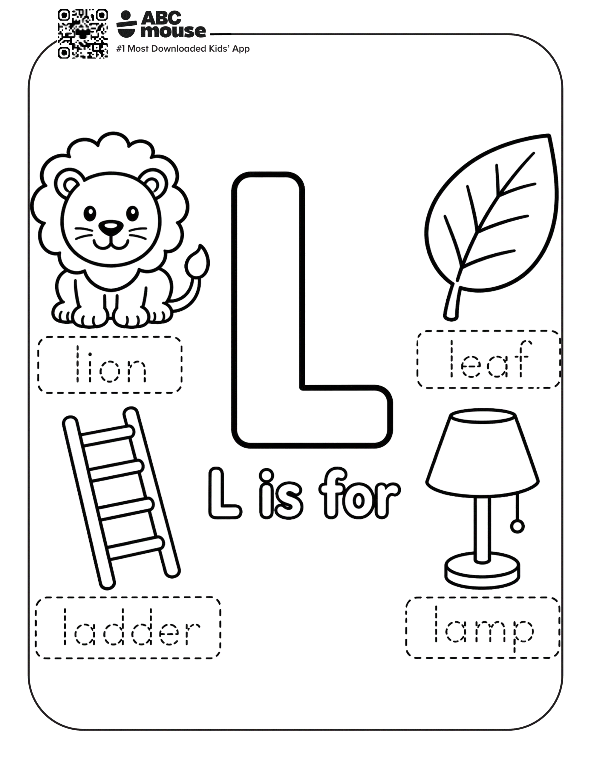 L is for Lion, Leaf, Ladder, and Lamp – Letter L vocabulary coloring worksheet featuring a lion, leaf, ladder, lamp, and uppercase letter L.