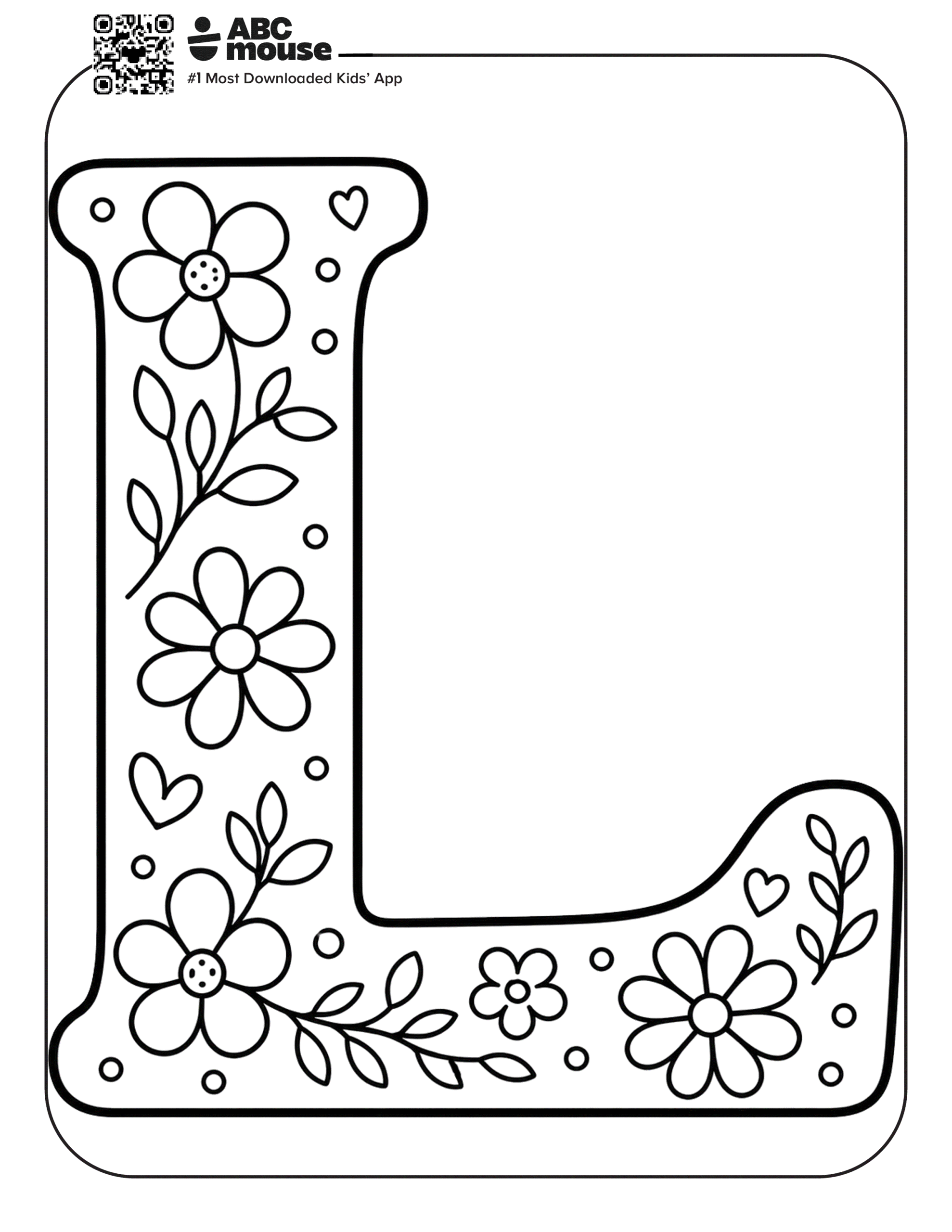Large Letter L with Flowers – Large uppercase letter L coloring page filled with flowers, leaves, and decorative designs.