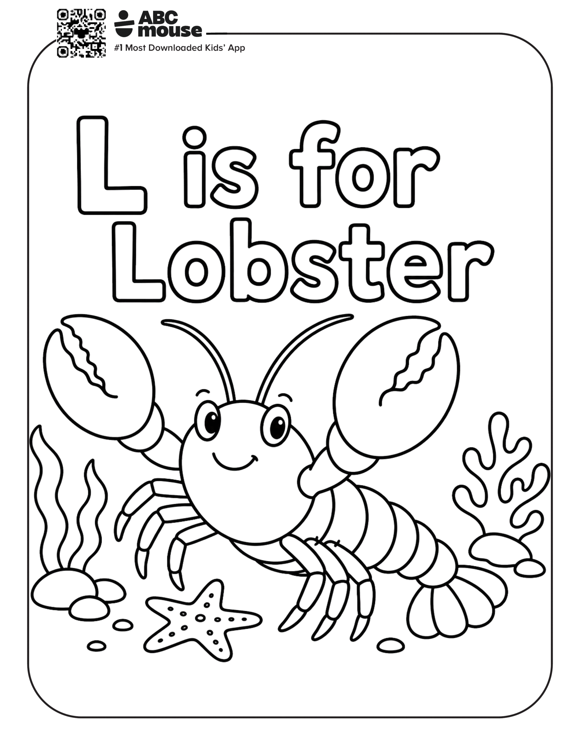 L is for Lobster – Letter L coloring page featuring a smiling lobster underwater with sea plants and a starfish.