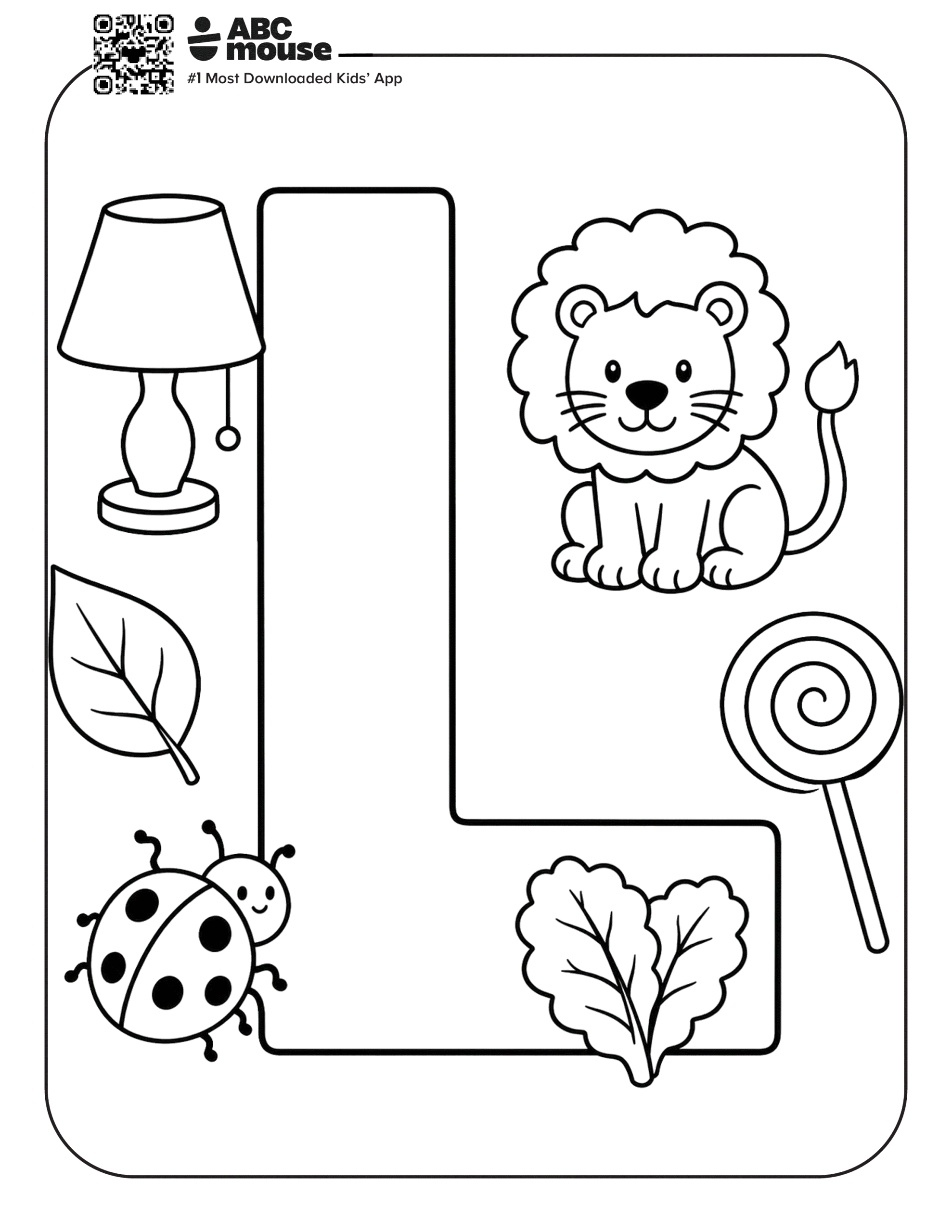 Large Letter L with L Items – Large letter L coloring page surrounded by L words including lamp, lion, leaf, lollipop, ladybug, and lettuce.