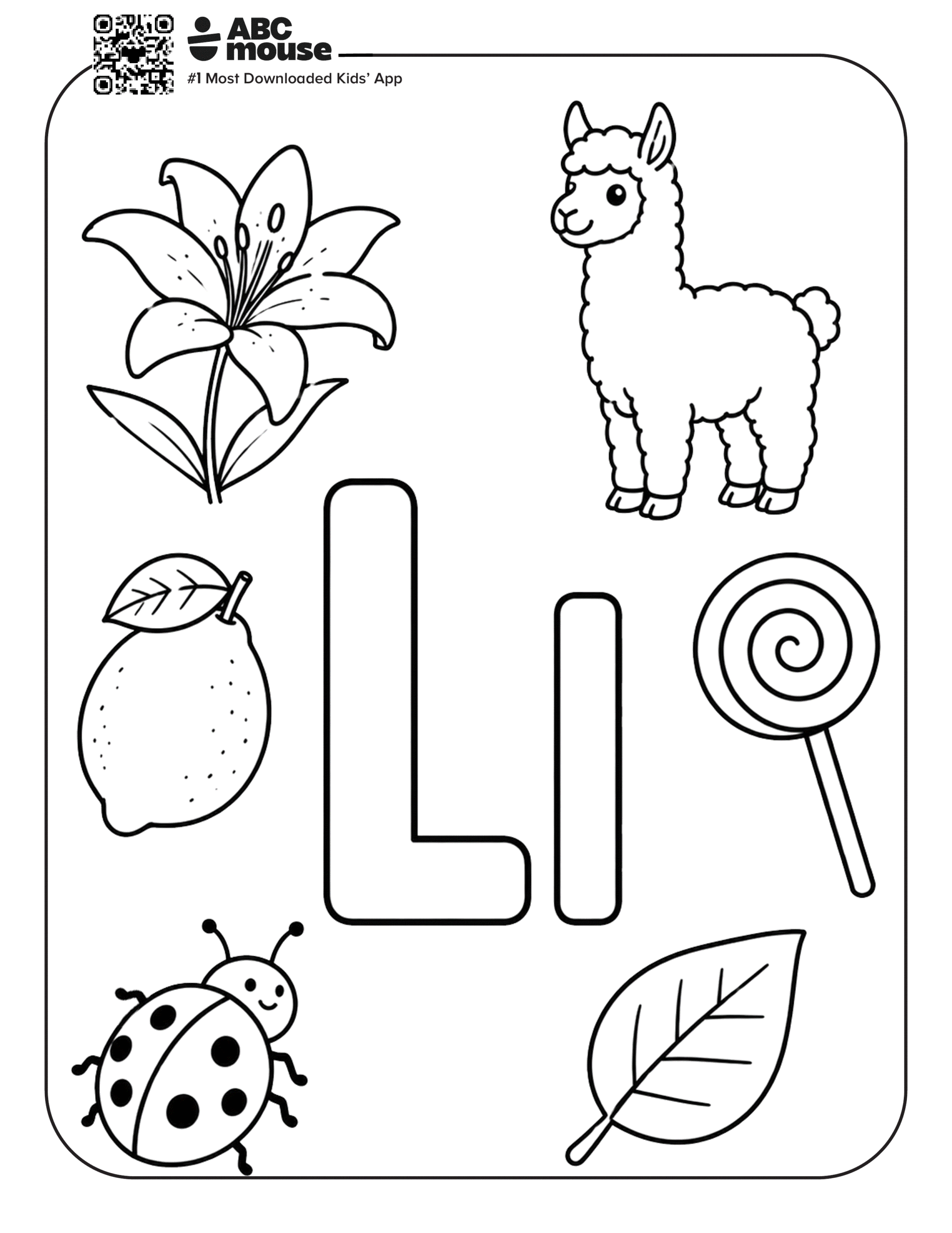 Big and Small Letter L's – Uppercase and lowercase letter L coloring page featuring a lily, llama, lemon, leaf, lollipop, and ladybug.