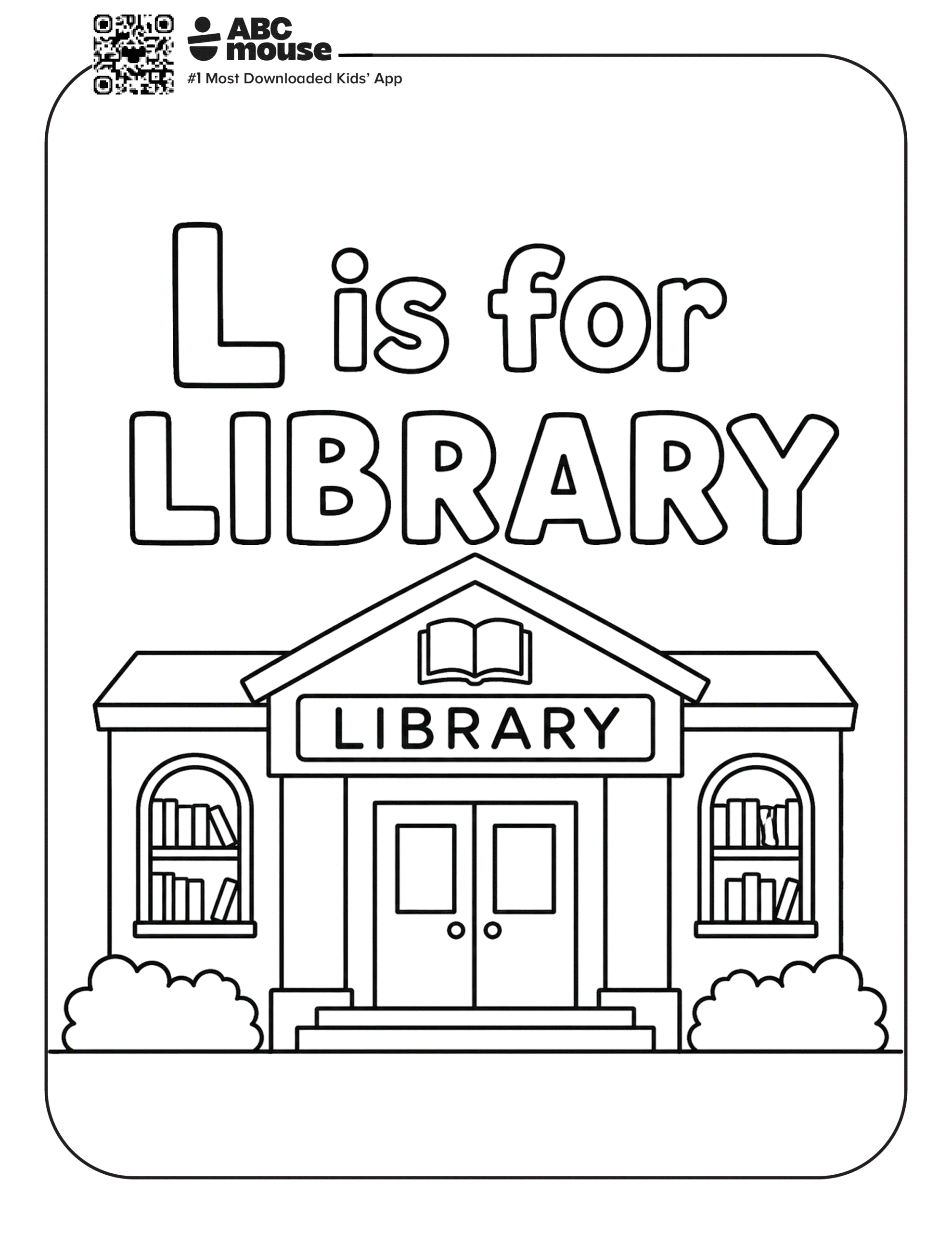 L is for Library – Letter L coloring page featuring a library building with books and the word library.