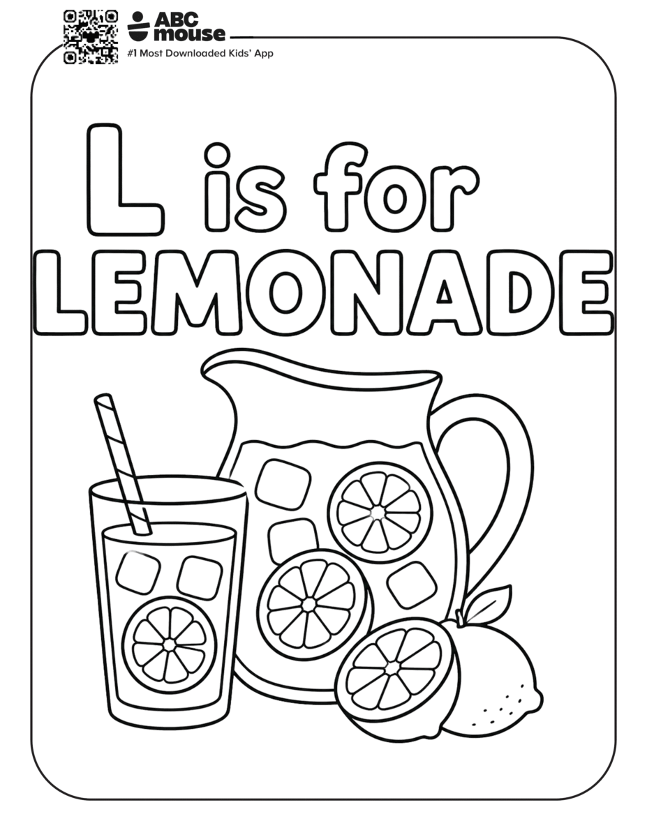 L is for Lemonade – Letter L coloring page with a pitcher and glass of lemonade, lemon slices, and ice cubes.