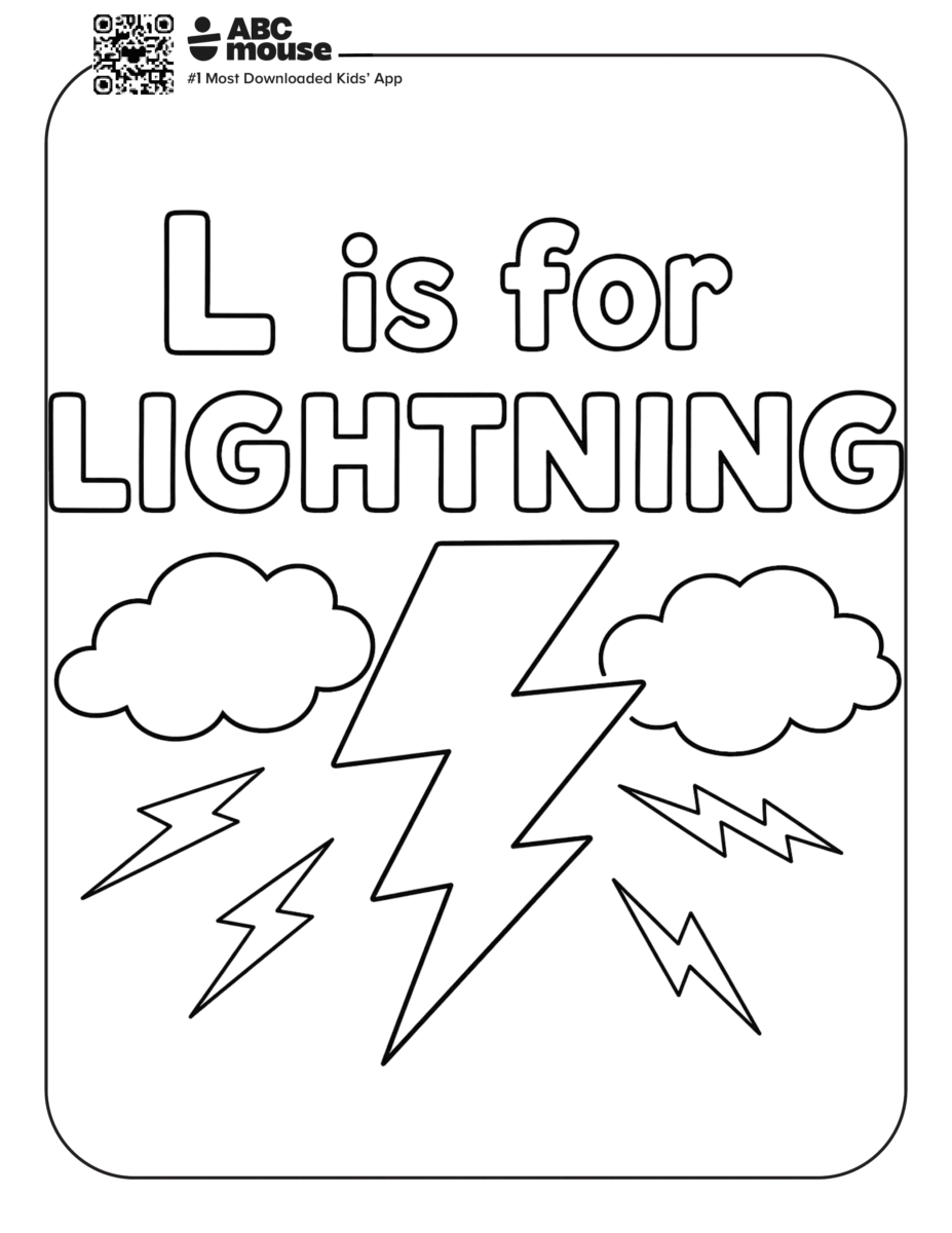 L is for Lightning – Letter L coloring page with lightning bolts and clouds to help kids learn the letter L sound.