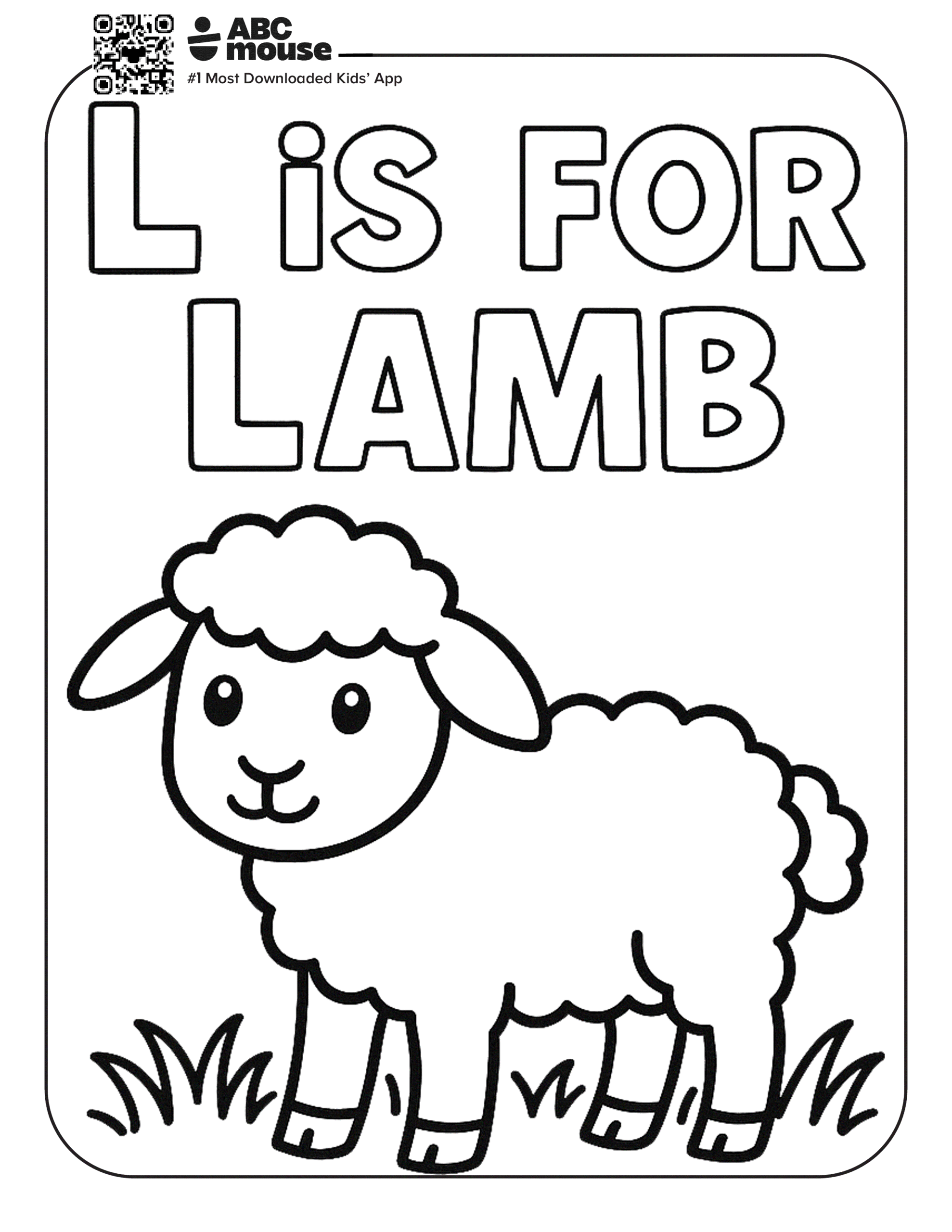 L is for Lamb: outline drawing of a lamb for a kids' coloring page with a small ABC Mouse logo in the corner.